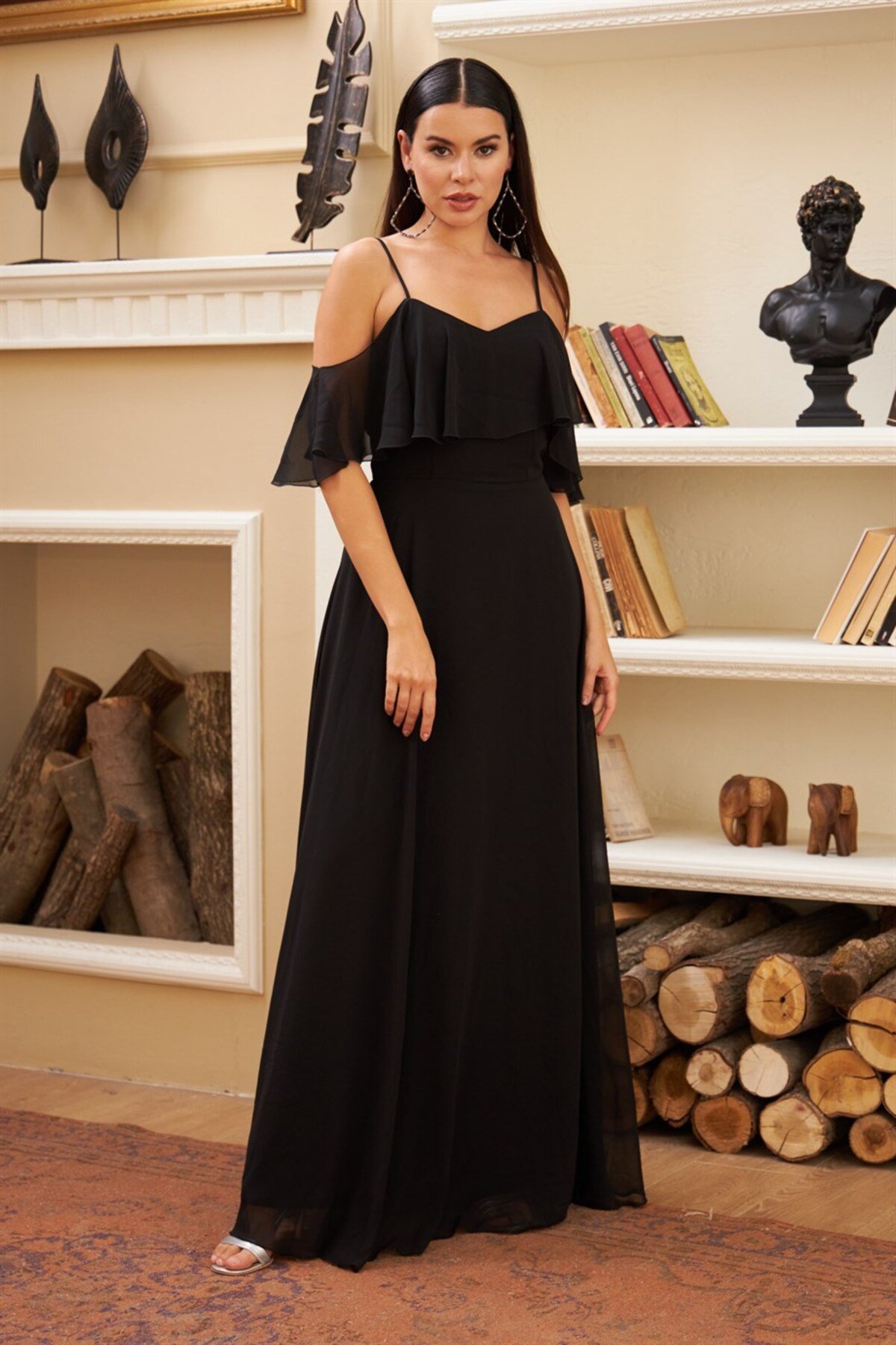 Levně Carmen Black Evening Dress with Low Sleeves and Straps