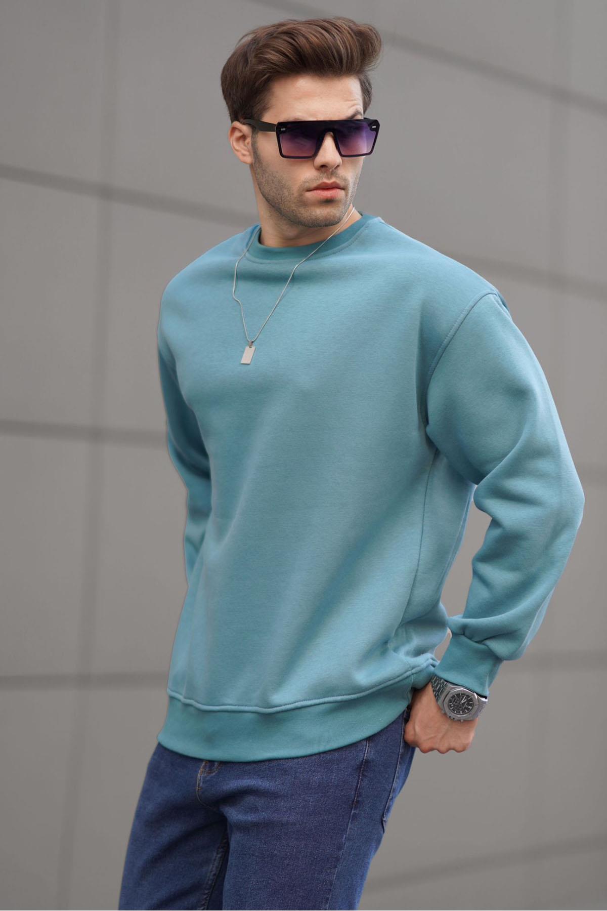 Madmext Pale Blue Crew Neck Oversize Basic Men's Sweatshirt 6048
