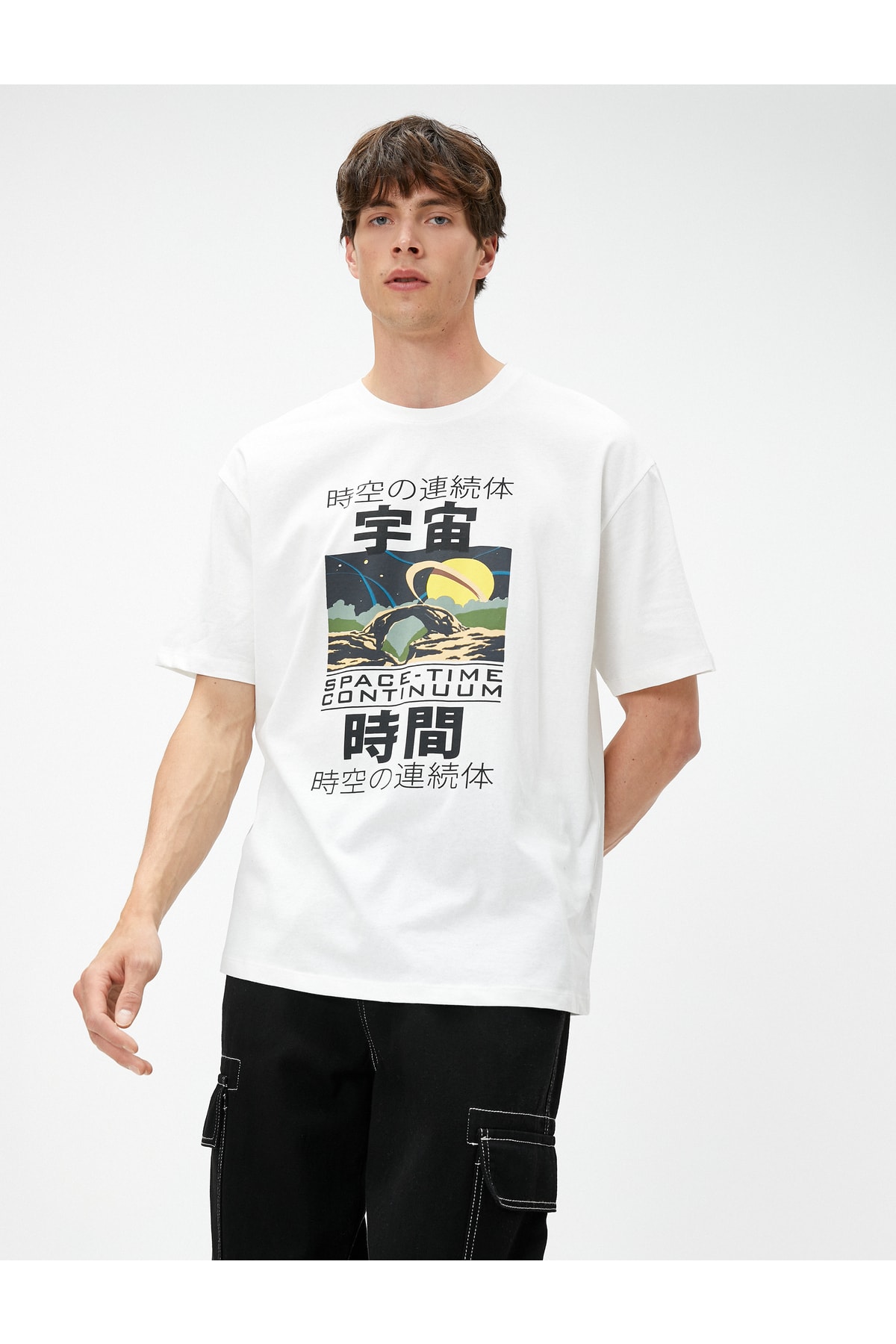 Koton Oversized T-Shirt with Asian Print, Crew Neck Short Sleeved.