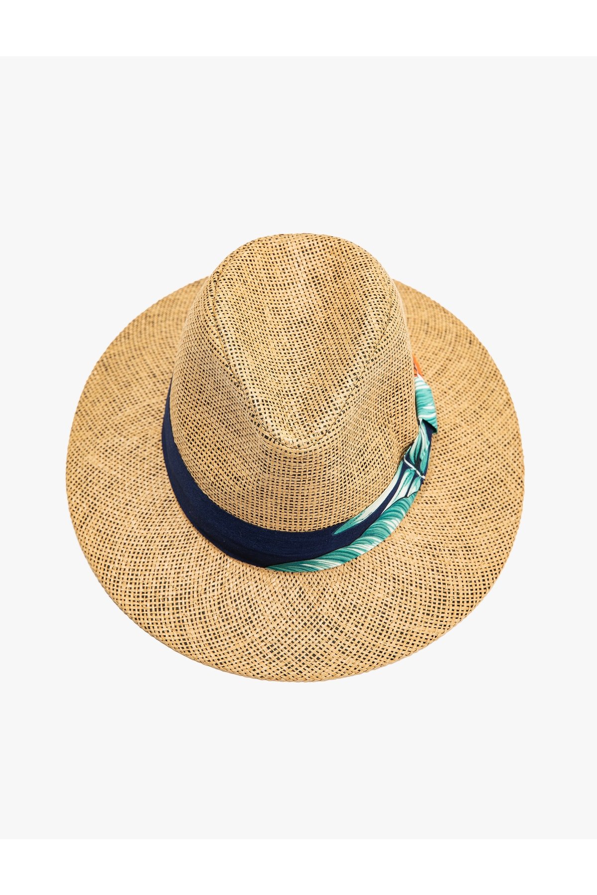 Koton Straw Fedora Hat Tropical Patterned Ribbon Detailed