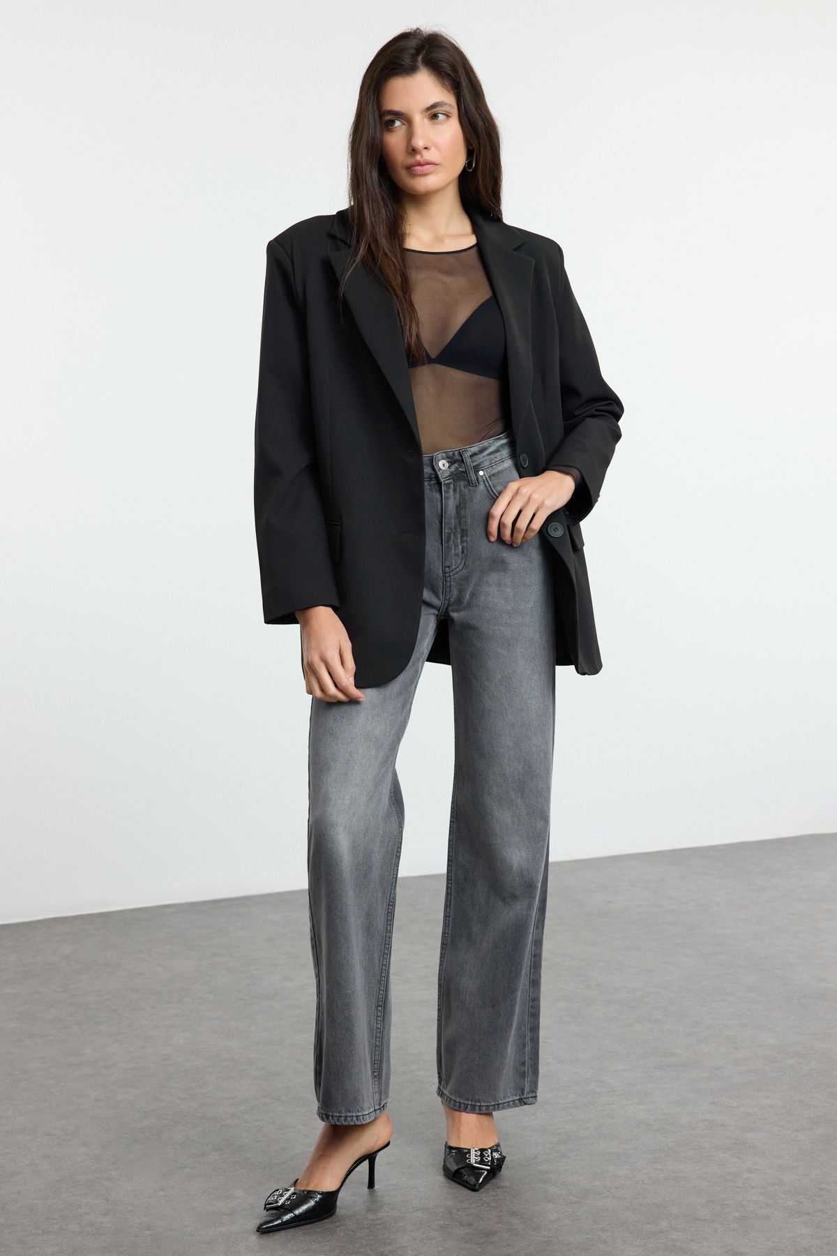 Trendyol Grey High Waist Wide Leg Jeans