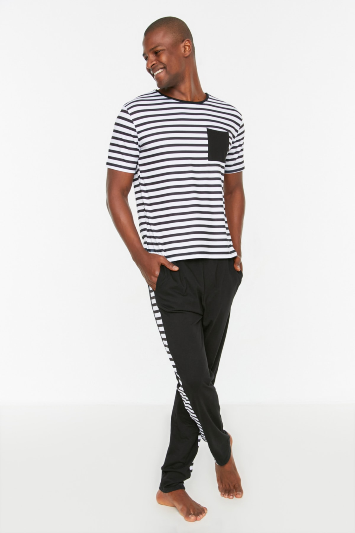 Trendyol Black Men's Regular Fit Striped Pajamas Set