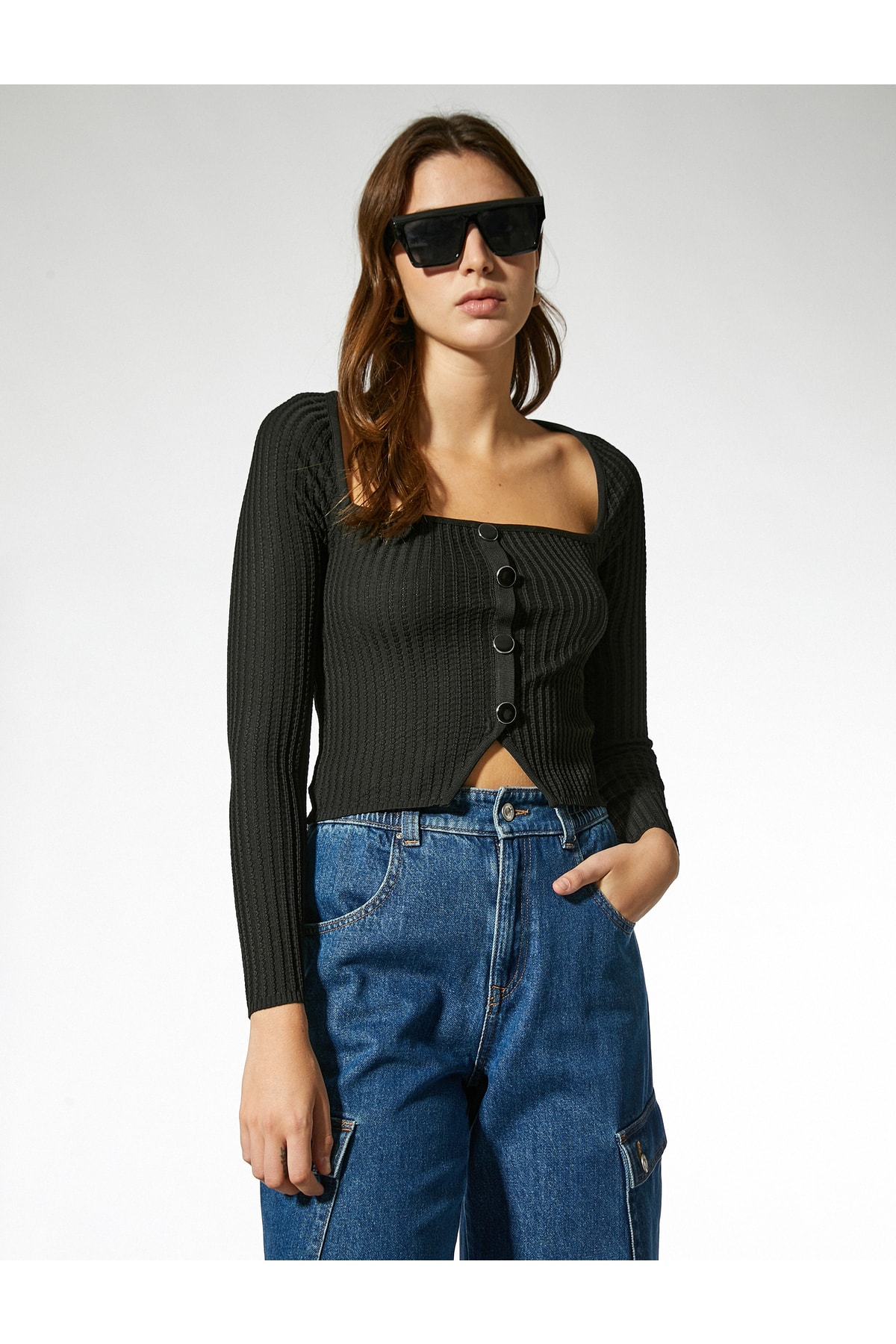 Koton Square Neck Buttoned Knitwear Sweater
