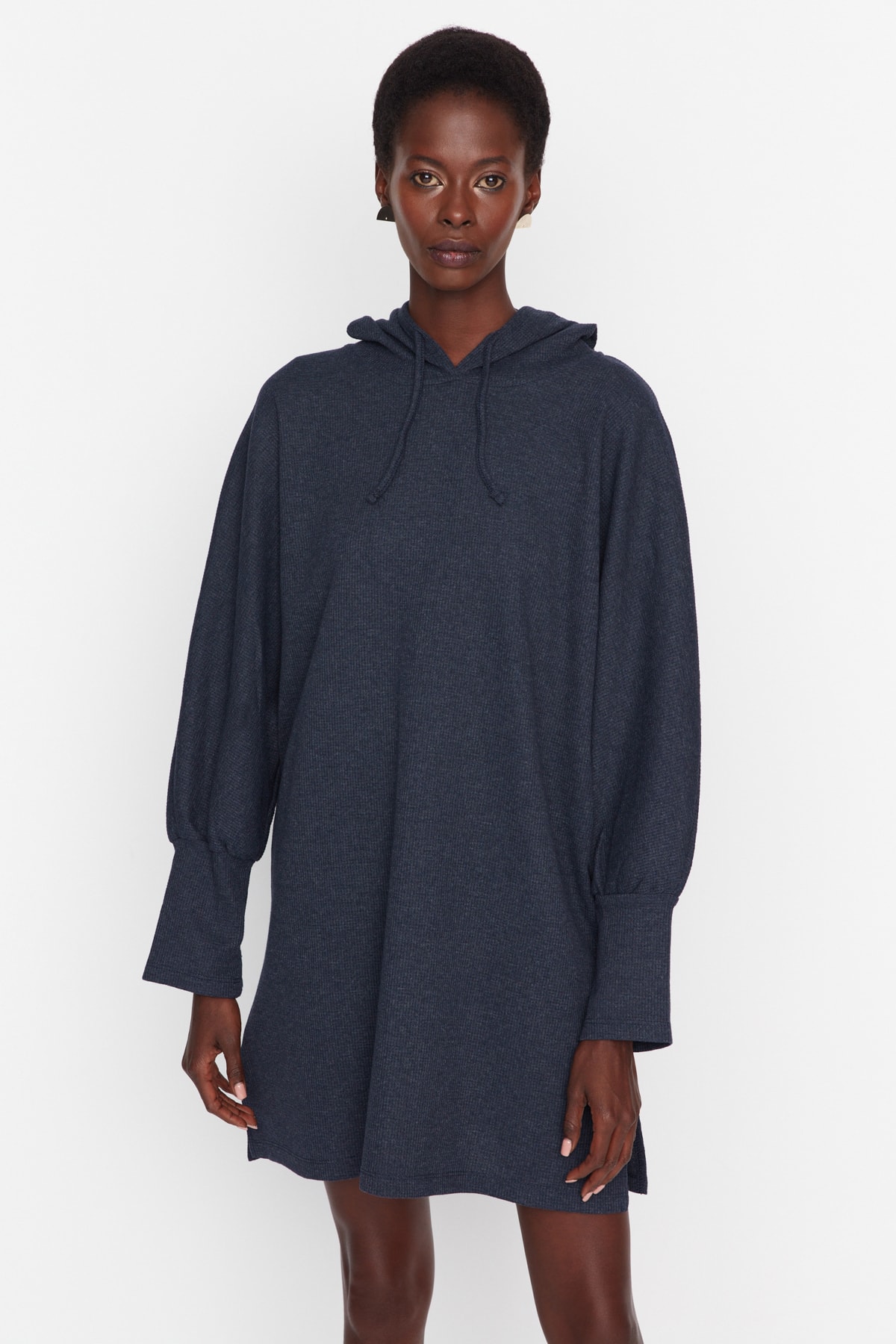 Trendyol Indigo Slit Detailed Dress with a Hooded Knitted Textured Dress