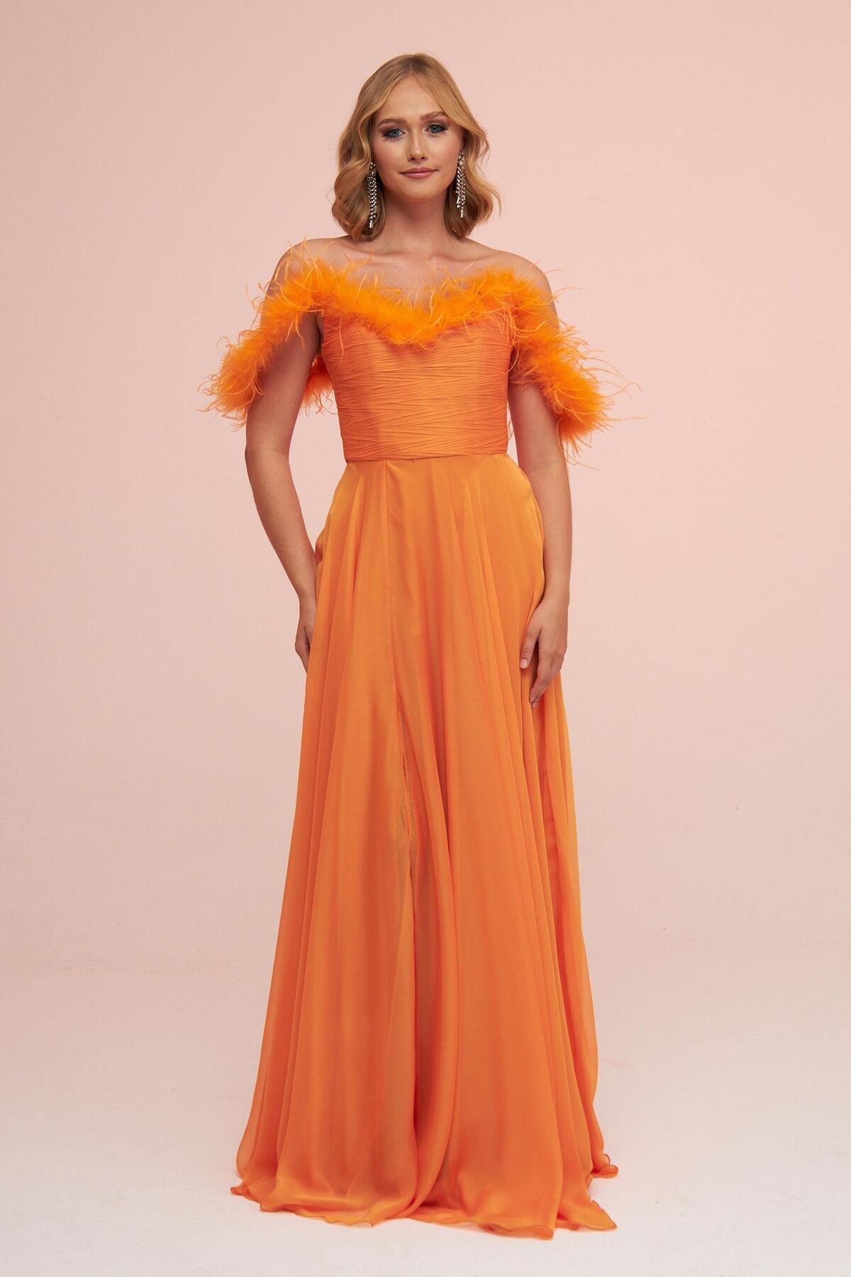 Levně Carmen Orange Chiffon Feathered Slit Long Evening Dress