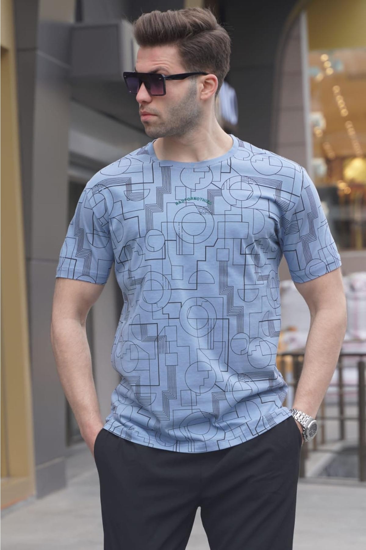 Levně Madmext Blue Slim Fit Patterned Men's T-Shirt 6074