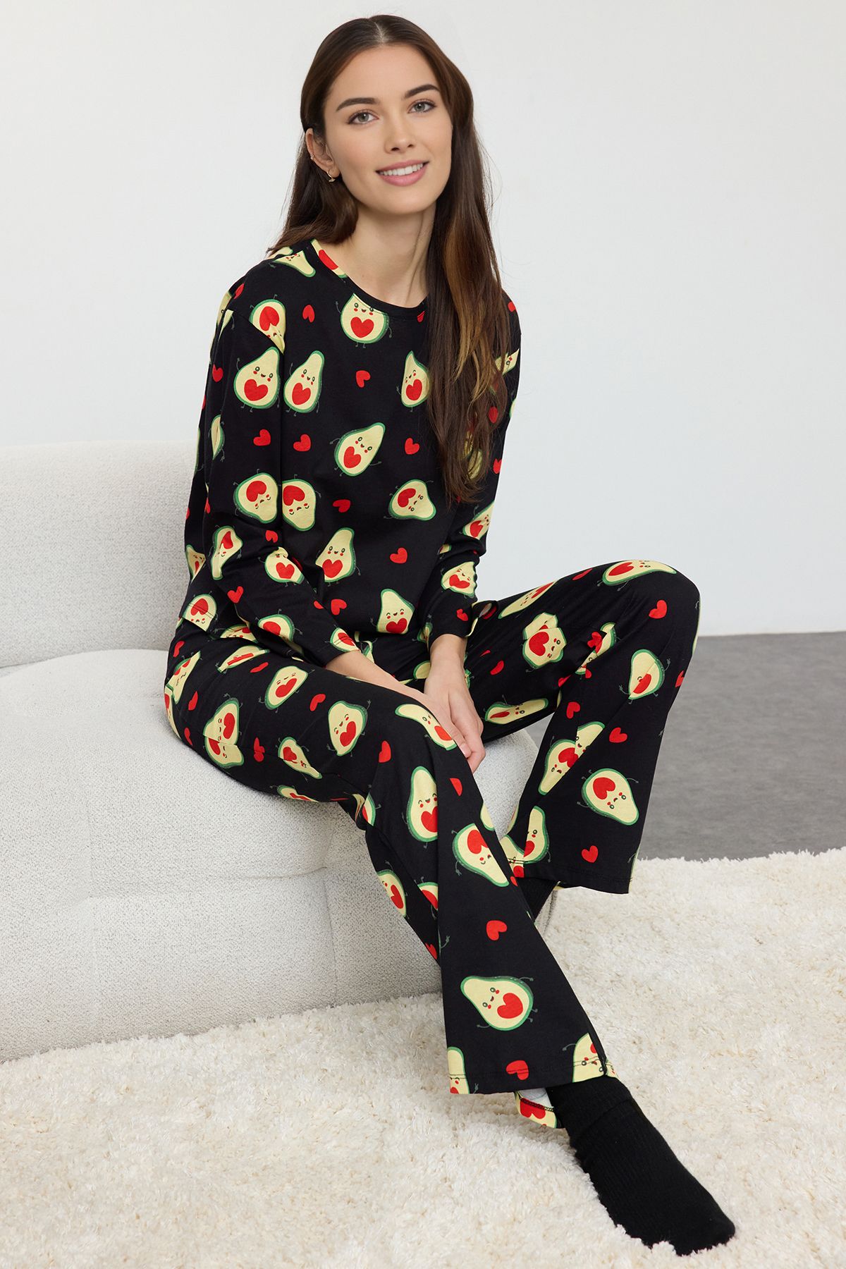 Trendyol Black 100% Cotton Avocado and Heart Knitted Pajama Set