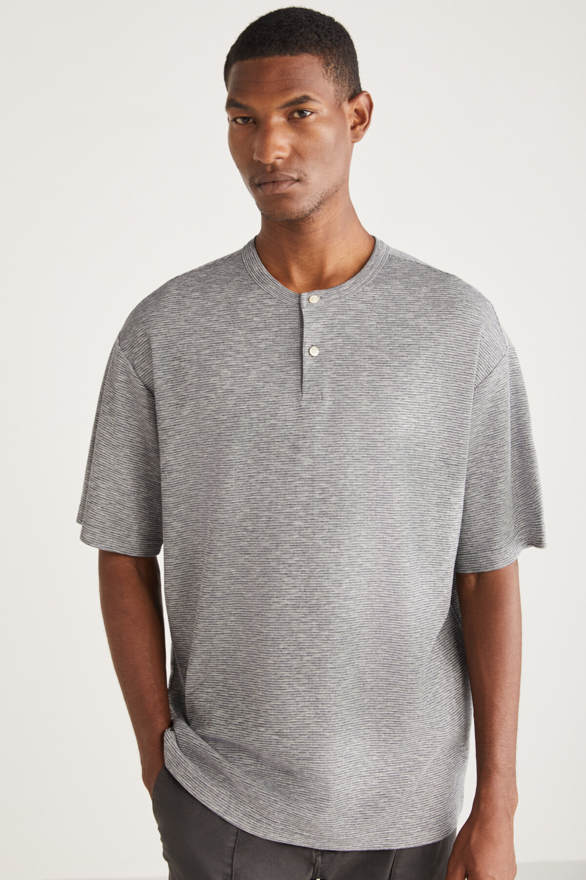 GRIMELANGE Millard Men's Button Collar Comfort Fit Special Textured Gray T-Shirt with Gray Look