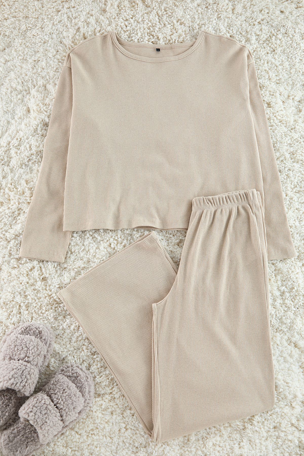 Trendyol Beige Corded Cotton Tshirt-Pants Knitted Pajama Set