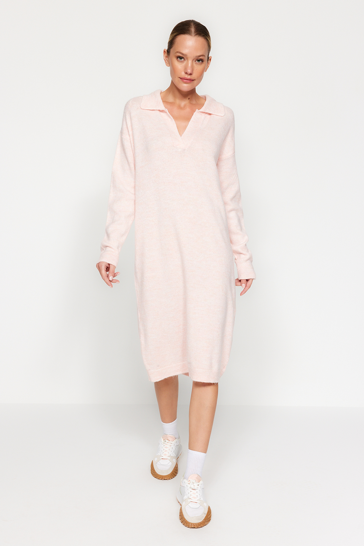 Trendyol Pudra Care Collection Midi Knitwear Soft Textured Dress