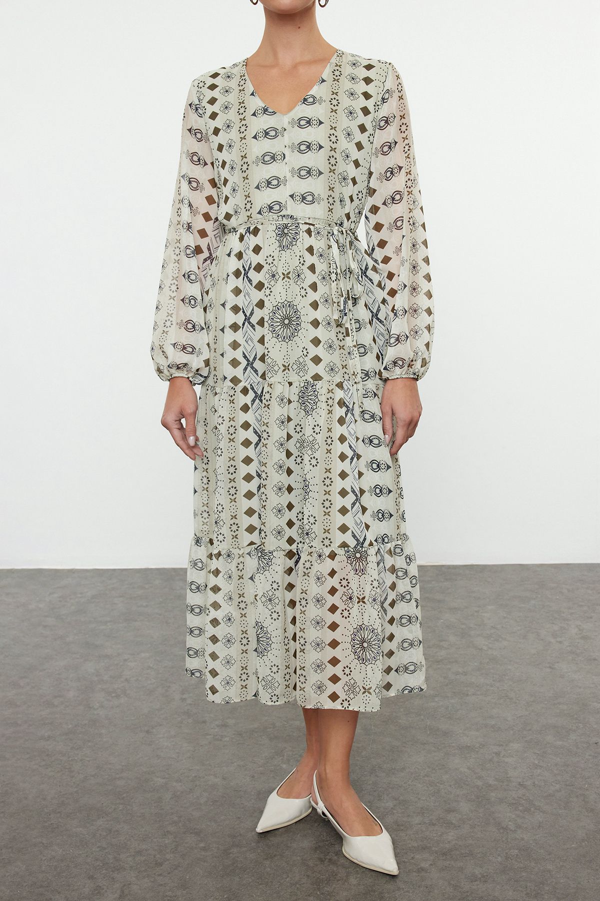 Trendyol Green Belted Ethnic A-Line Maxi Woven Winter Dress