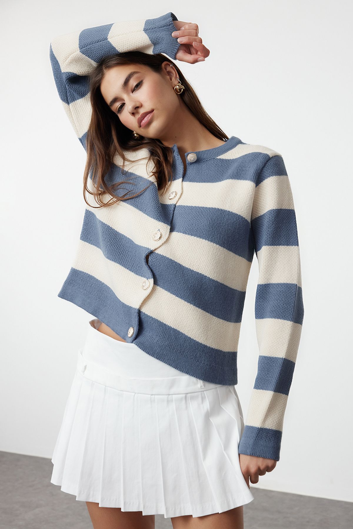 Trendyol Indigo Striped Basic Knitwear Cardigan
