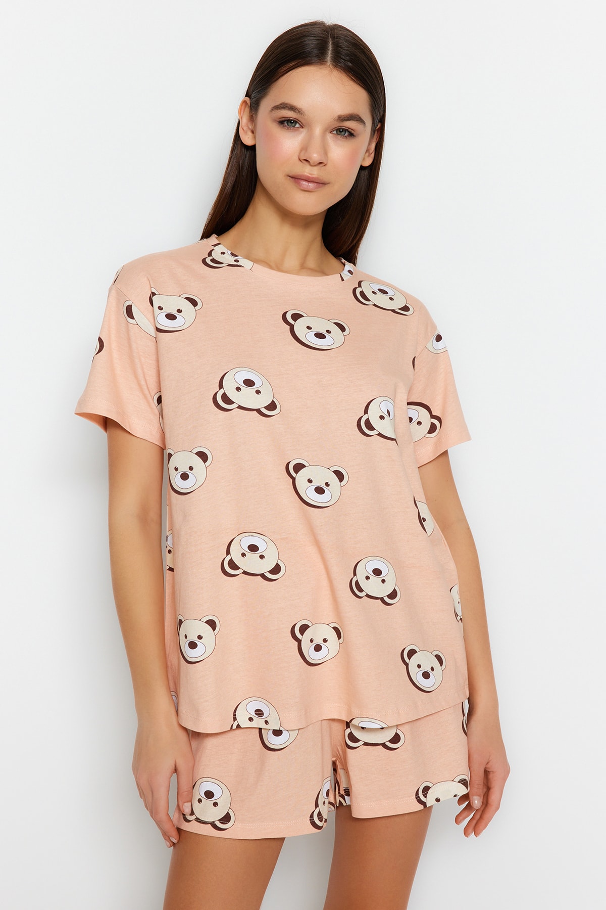 Levně Trendyol Salmon 100% Cotton Teddy Bear Patterned T-shirt-Shorts Knitted Pajamas Set