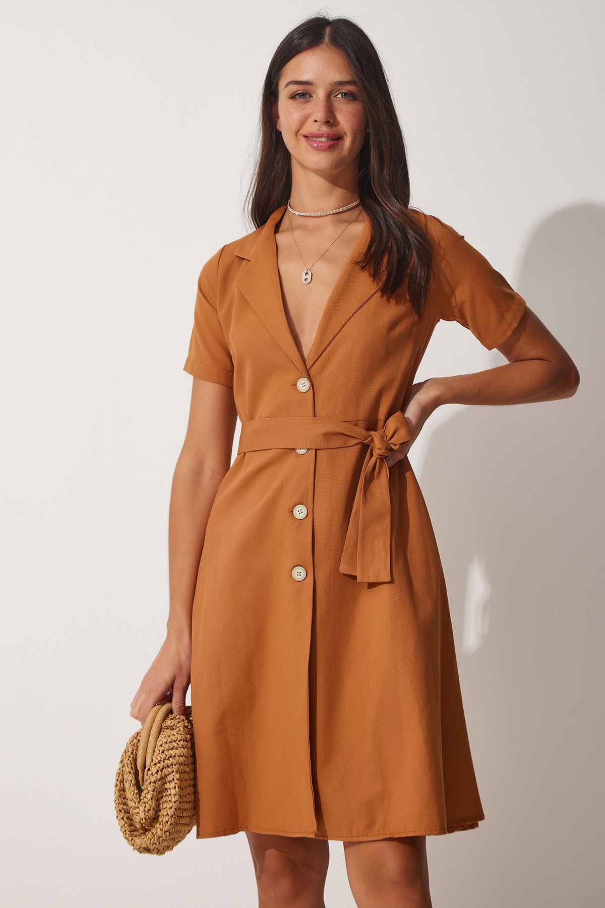 Happiness İstanbul Women's Tan Belted Woven Shirt Dress