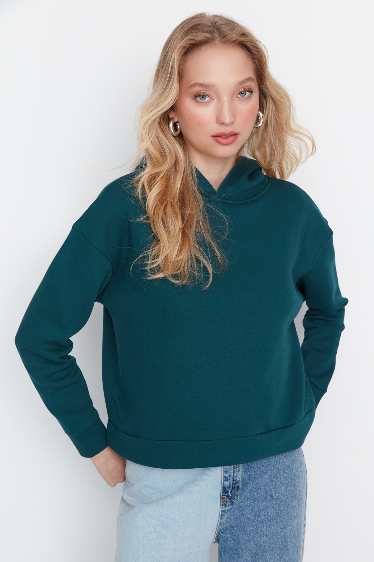Trendyol Petrol Regular/Normal fit Basic Hoody, Fleece Inner Knitted Sweatshirt