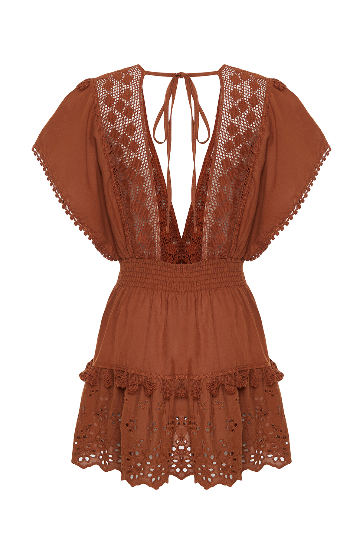 Trendyol Brown Mini Woven Embroidery Detailed 100% Cotton Beach Dress