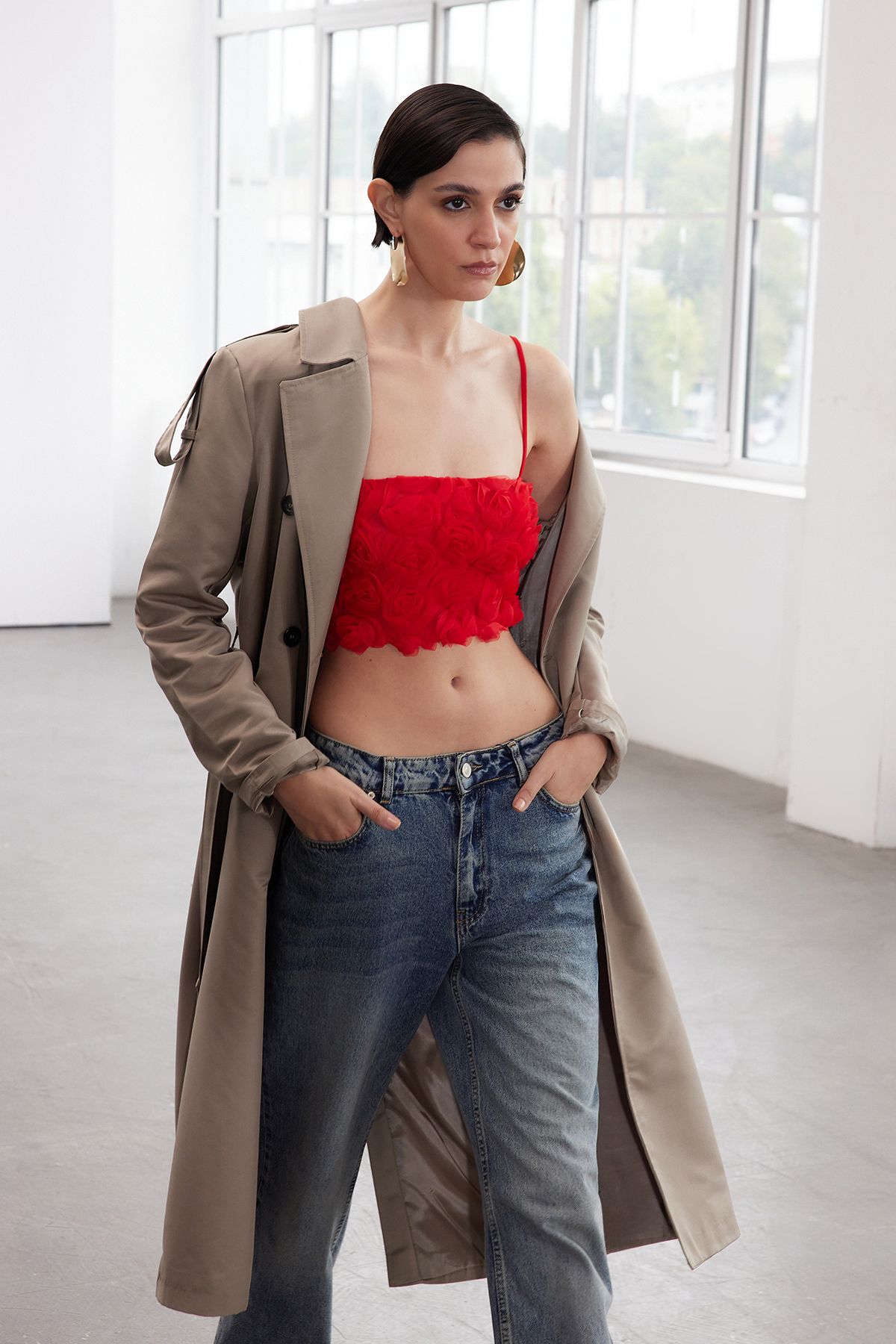 Trendyol Limited Edition Red 3D Floral Crop Bustier