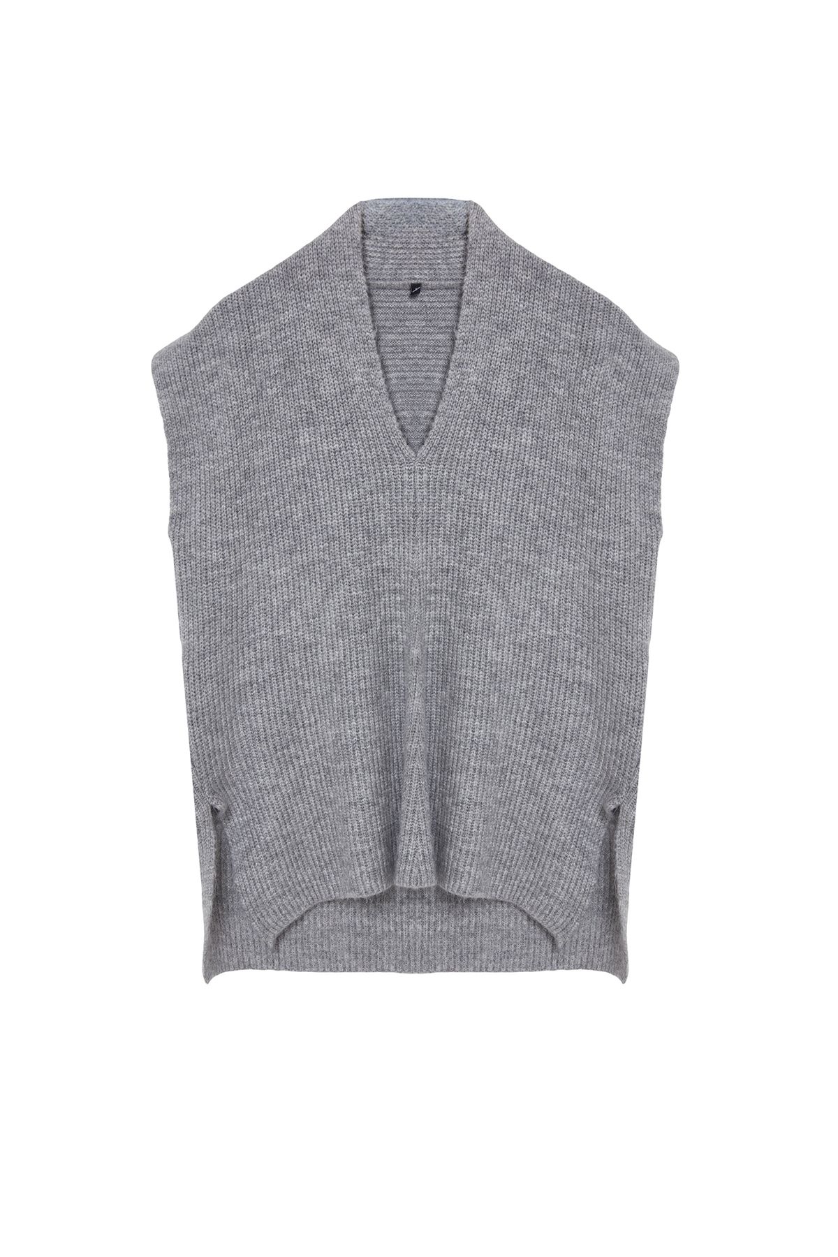 Trendyol Gray V-Neck Side Slit Knitwear Sweater