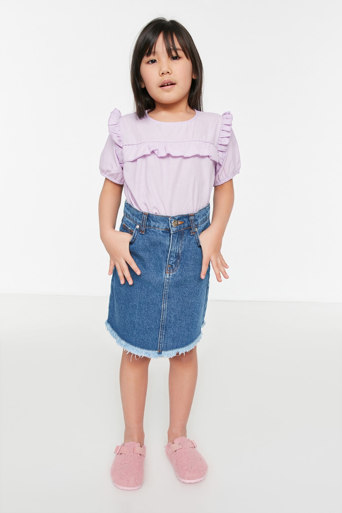 Trendyol Basic Blue Girls' Denim Skirt with Tassels