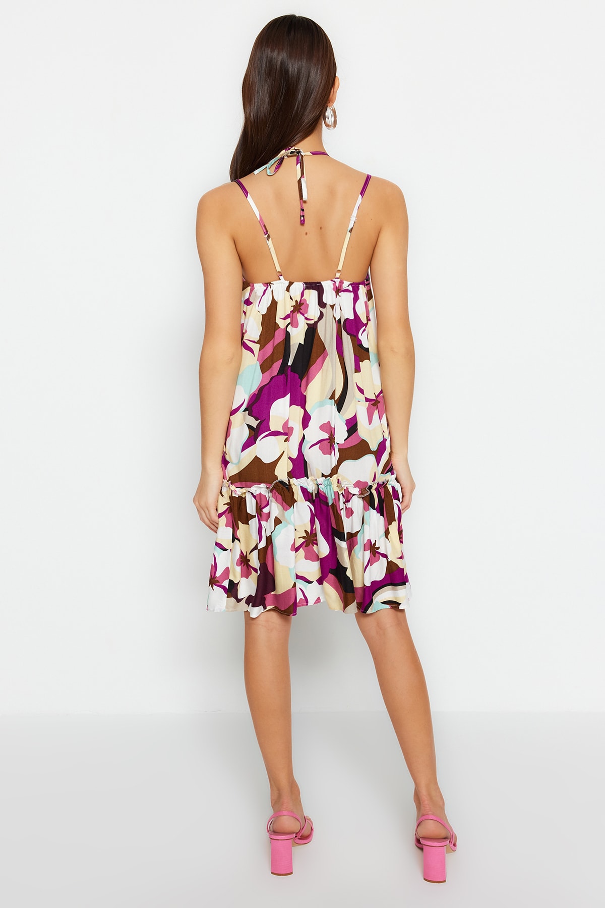 Trendyol roz larg tăiat mini țesut model țesut rochie țesută