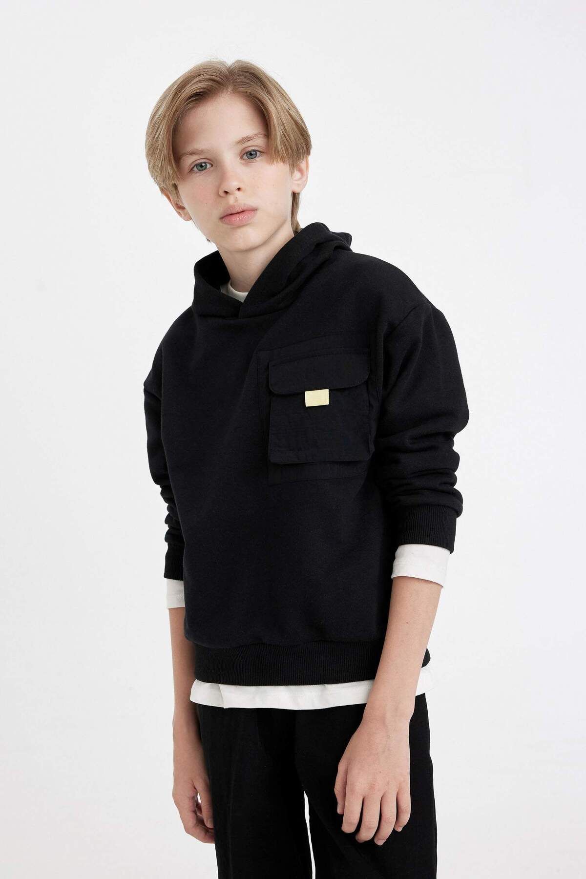 DEFACTO Boy Oversize Fit Black Hooded School Sweatshirt