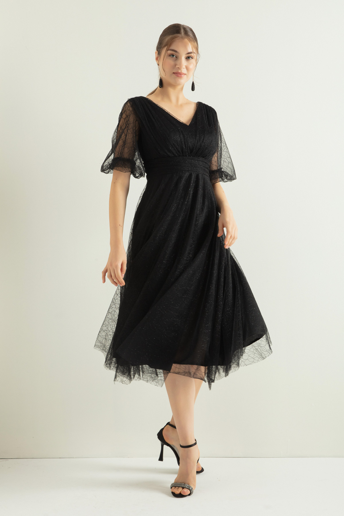 Levně Lafaba Women's Black Balloon Sleeve Silvery Evening Dress