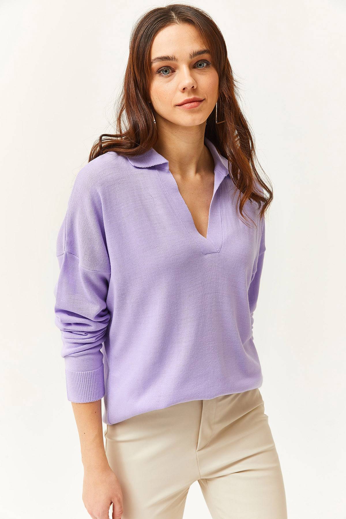 Levně Olalook Women's Lilac Polo Neck Fine Knitwear Sweater