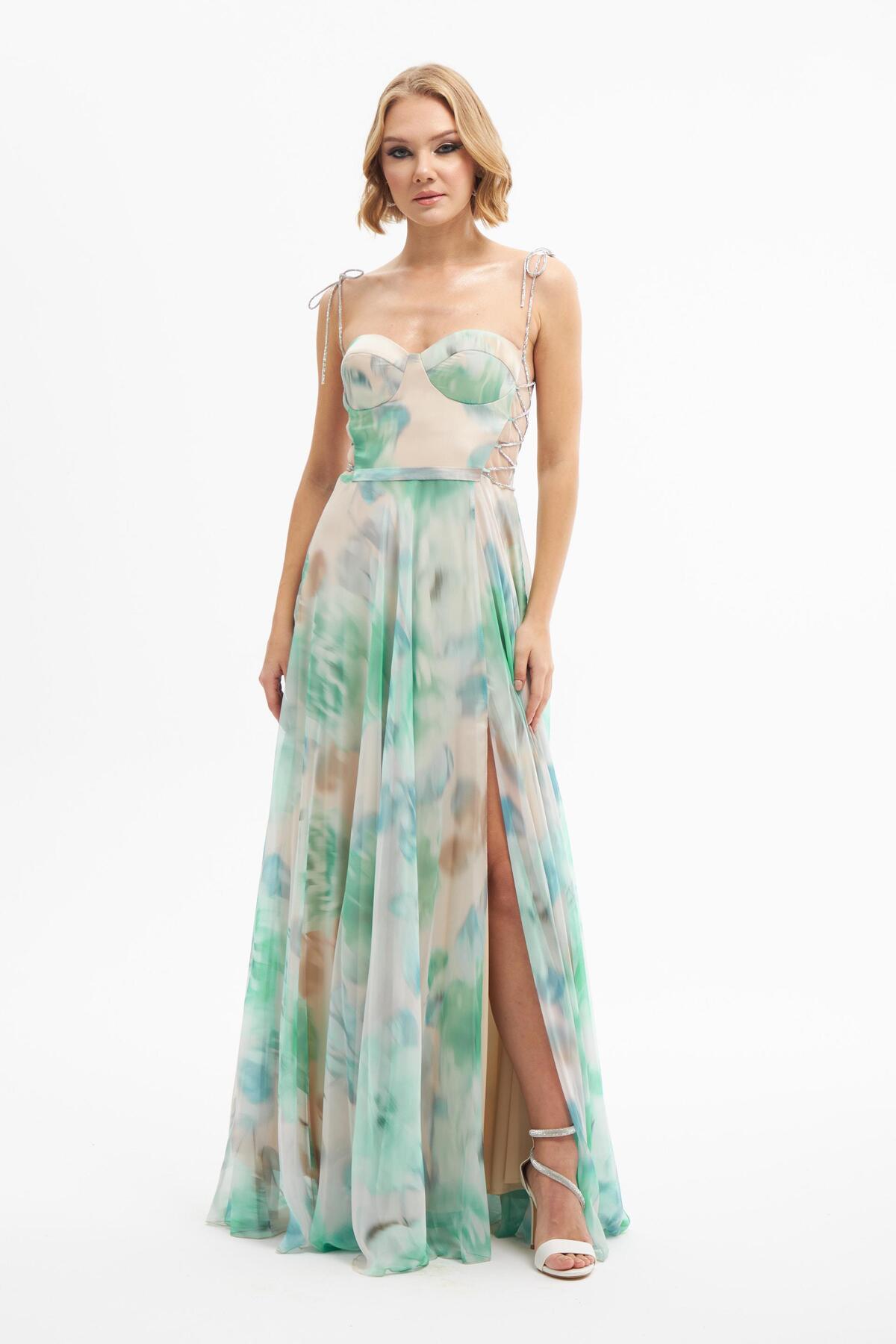 Levně Carmen Emerald Printed Slit Long Evening Dress