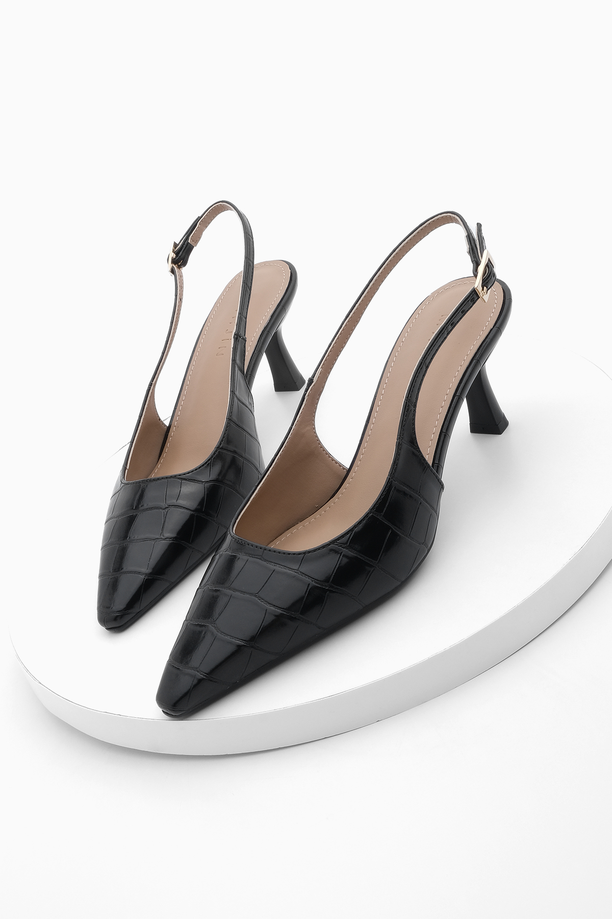 Levně Marjin Women's Pointed Toe Open Back Thin Heel Classic Heel Shoes Fanle Black Croco