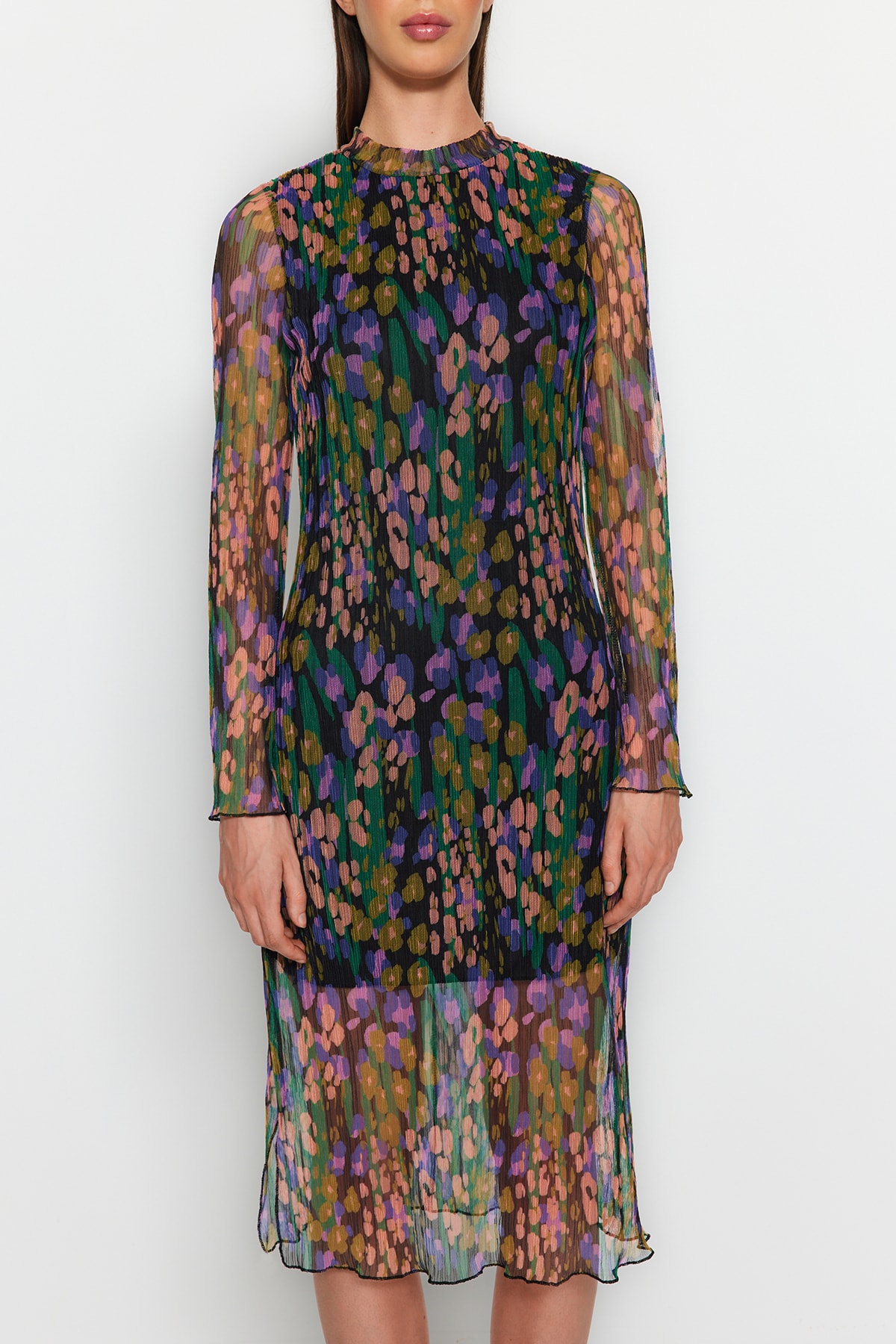 Trendyol Multicolor Pliat Fabric Patterned Shift/Plain Lined Midi Tricotat Rochie