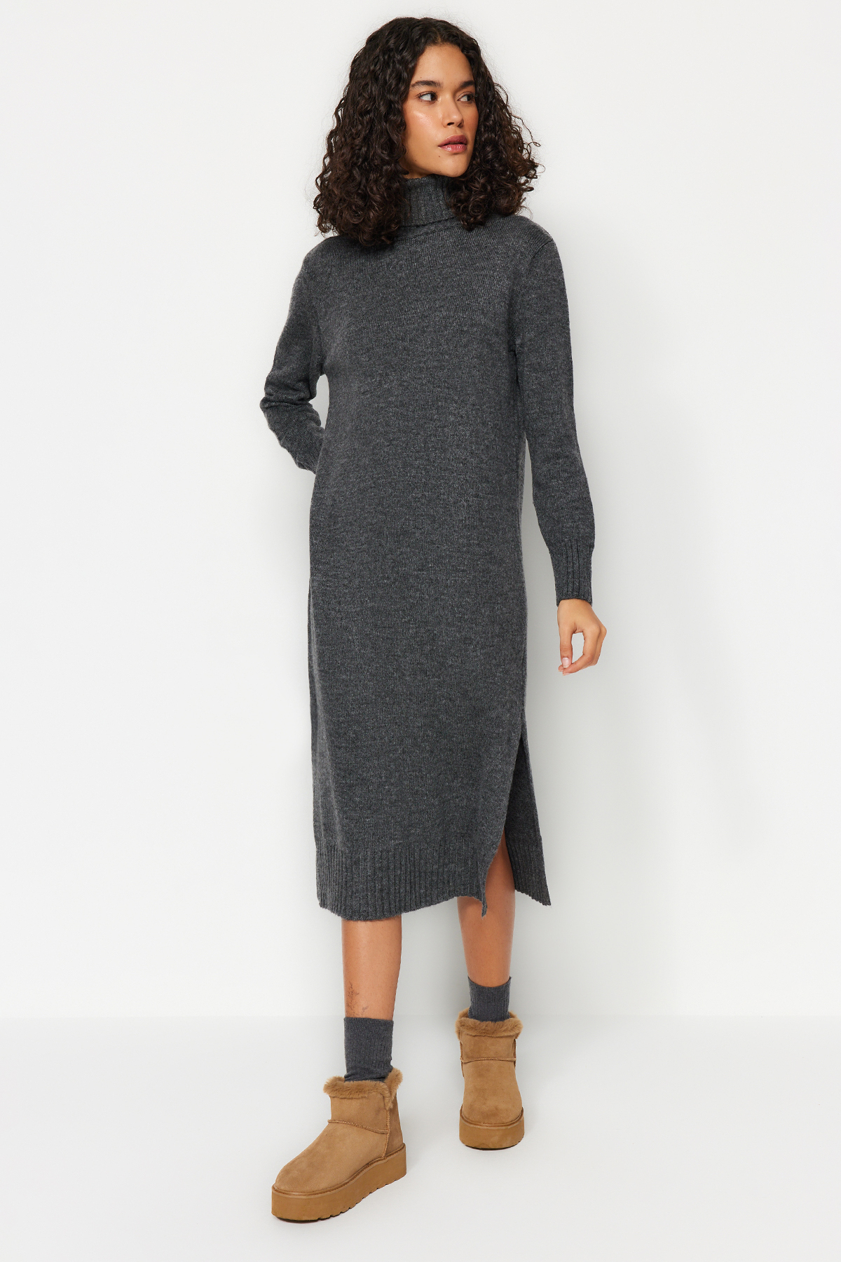 Trendyol Anthracite Midi Knit Wide Pattern Soft Texture Dress