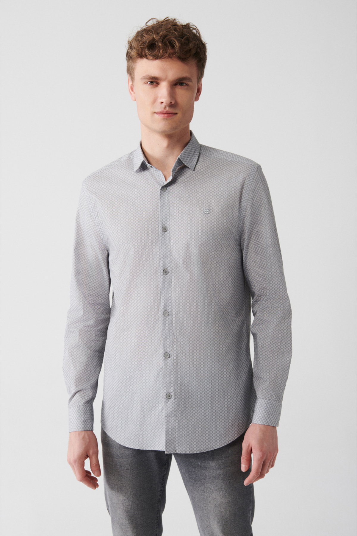 Levně Avva Men's Light Gray 100% Cotton Printed Classic Collar Slim Fit Slim Fit Shirt