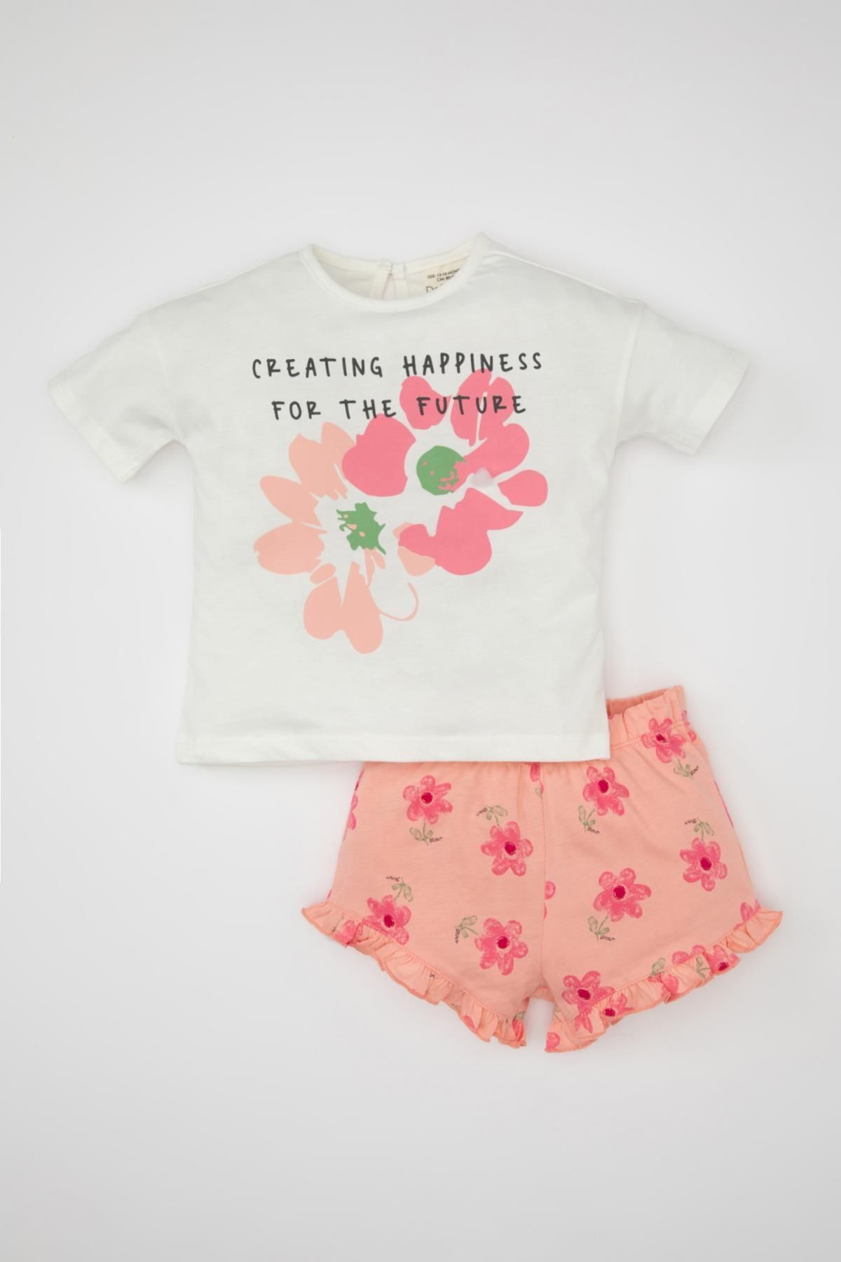 DEFACTO Baby Girl Printed Short Sleeve T-Shirt Floral Shorts 2 Piece Set