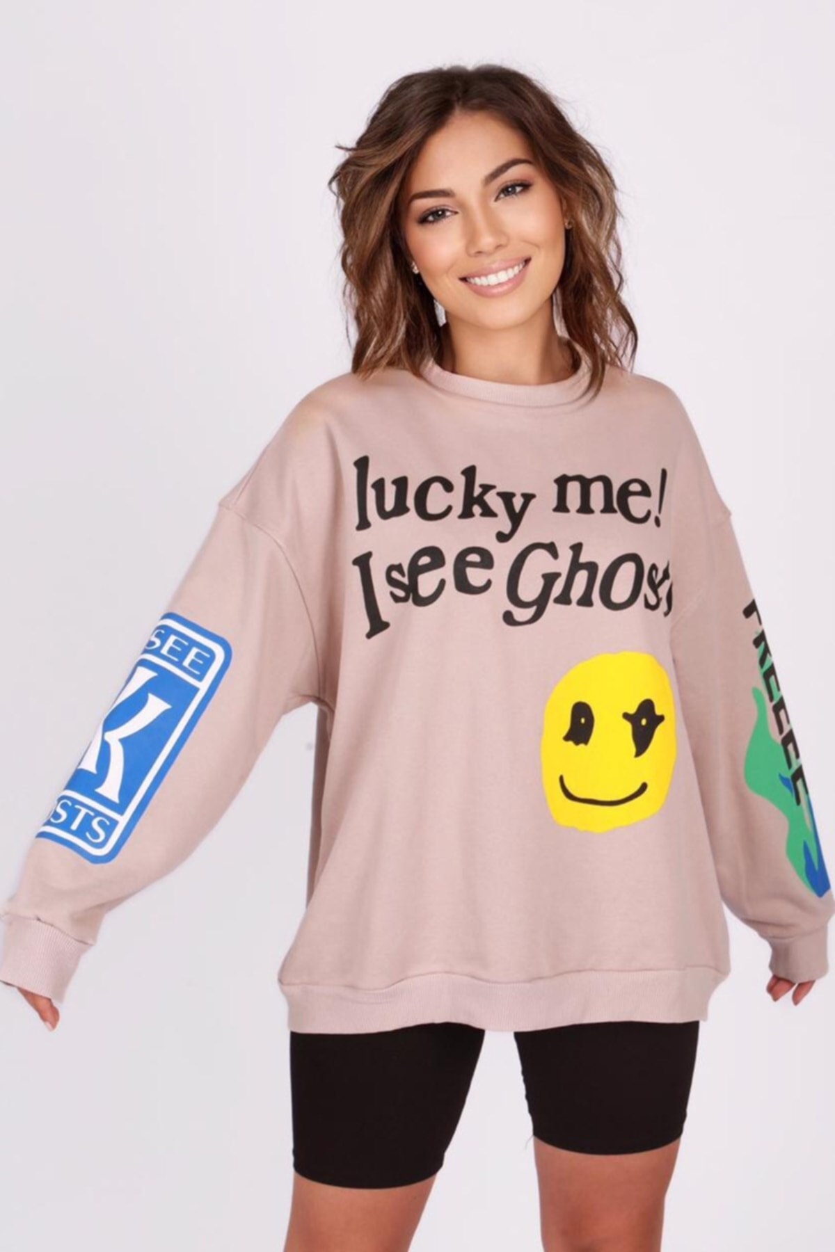 Levně Madmext Mad Girls Beige Printed Oversized Sweatshirt