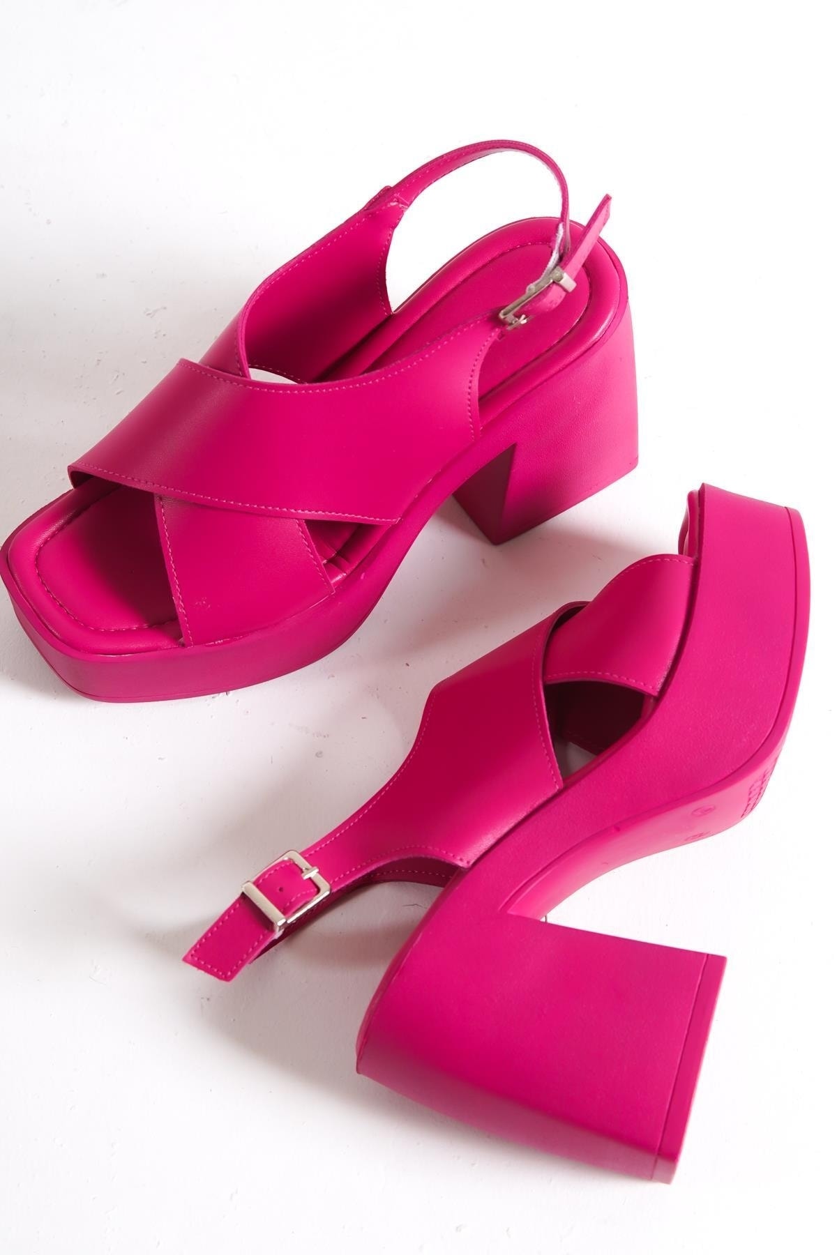 Capone Outfitters Capone Booty Toe Women's Crossover Wide Strap Platform Heels Fuchsia Women's Sandals