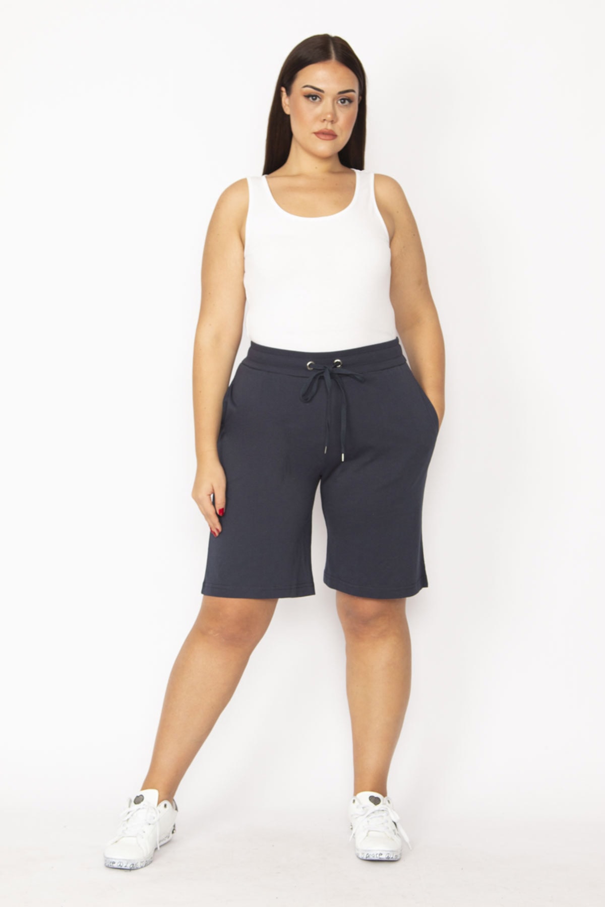 Şans Women's Plus Size Navy Blue Cotton Shorts With Elastic Waist And Eyelets, Lace-Up