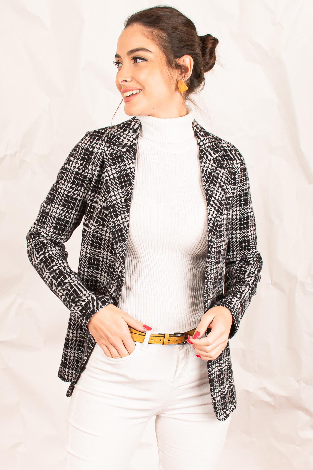 Levně armonika Women's Gray Stamped One-Button Plaid Jacket