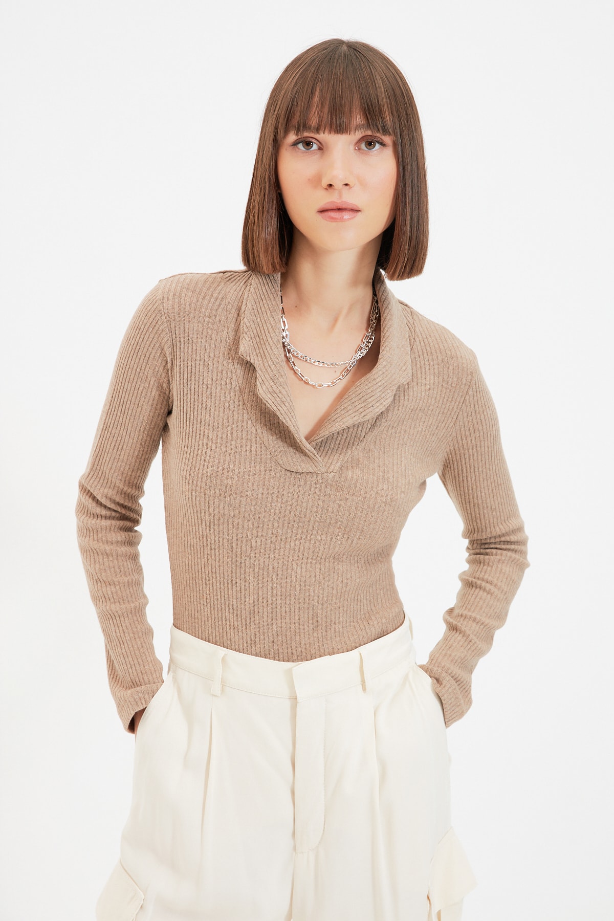 Trendyol Camel Knitwear Look Snap Knitted Body