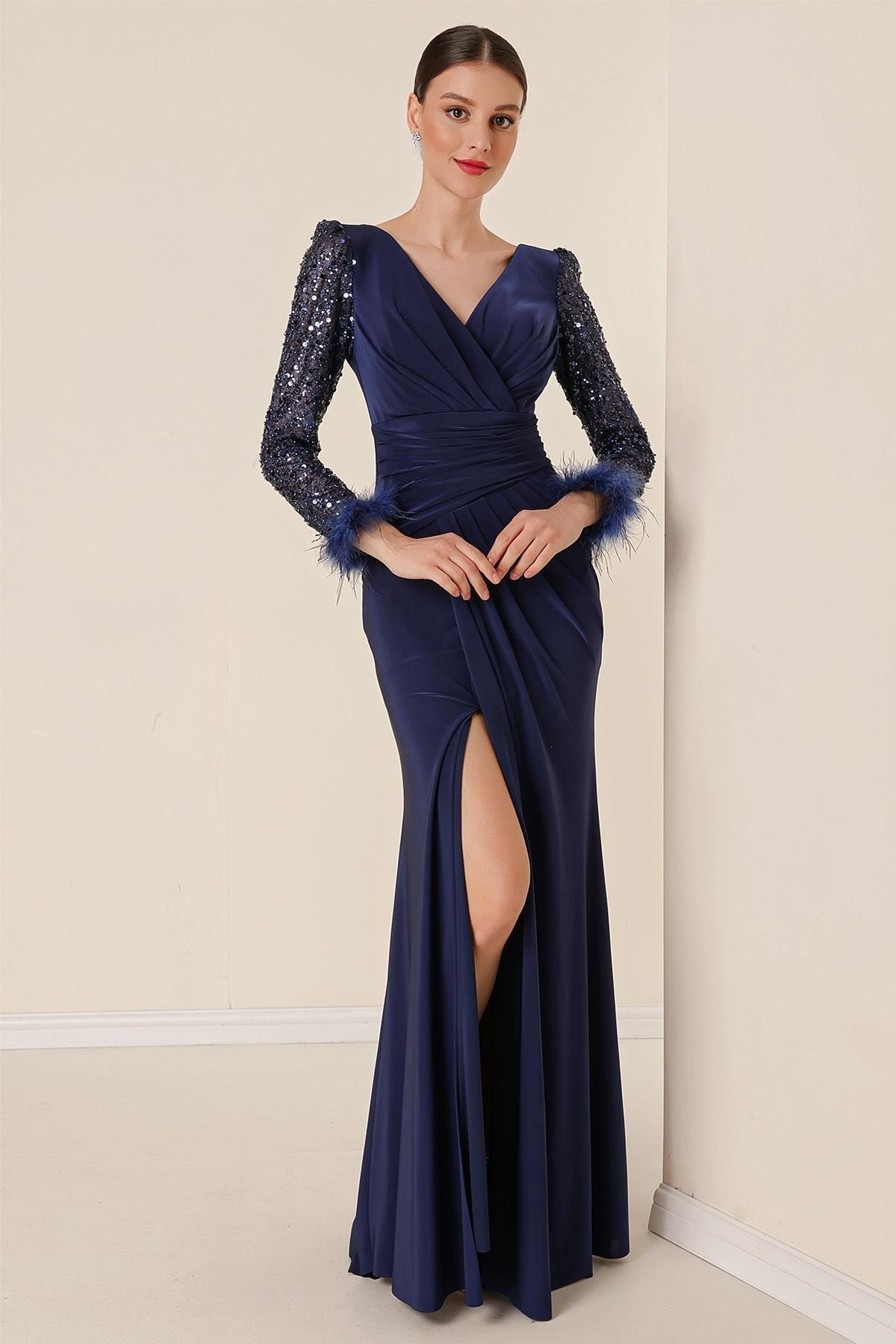 By Saygı Double Breasted Collar Front Draped Sleeves Sequin Feather Detailed Lined Lycra Long Dress Navy Blue