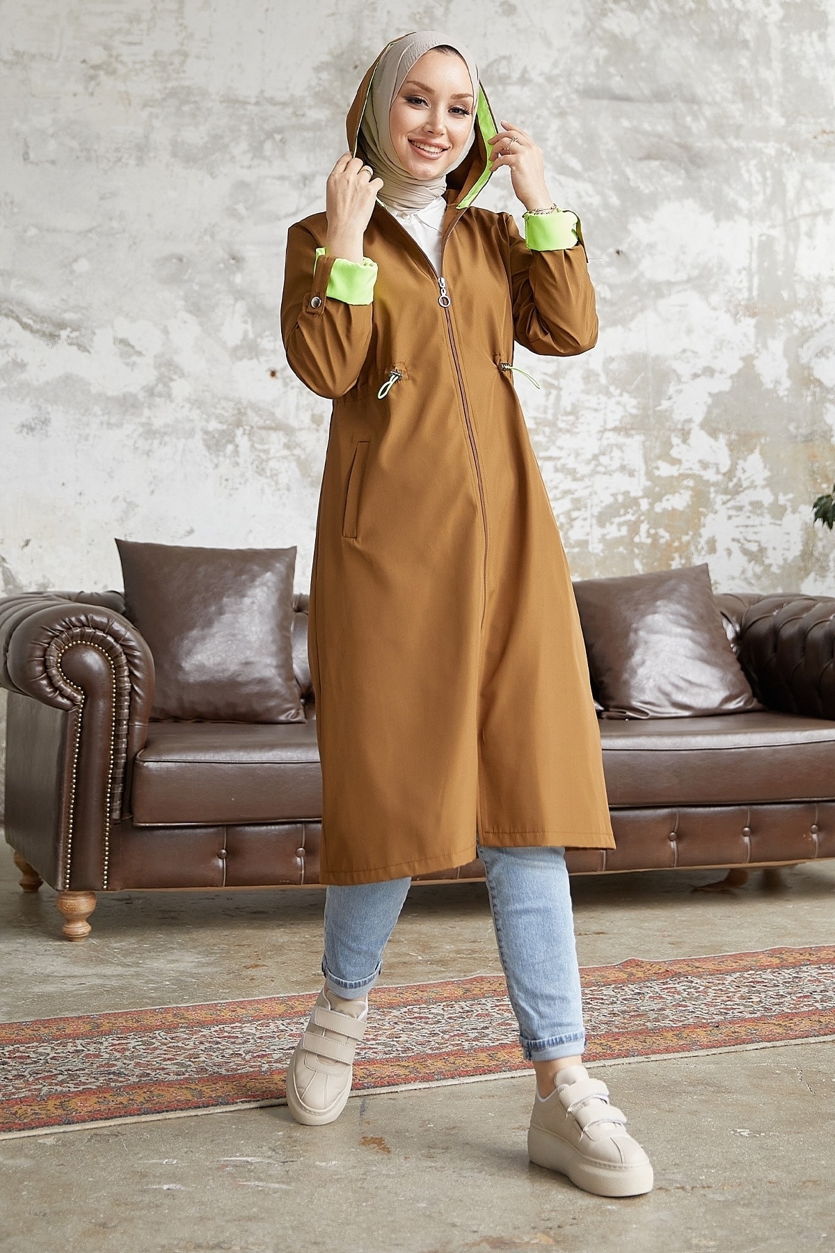 InStyle Neon Trench with Drawstring Waist Hooded - Tan \ Green