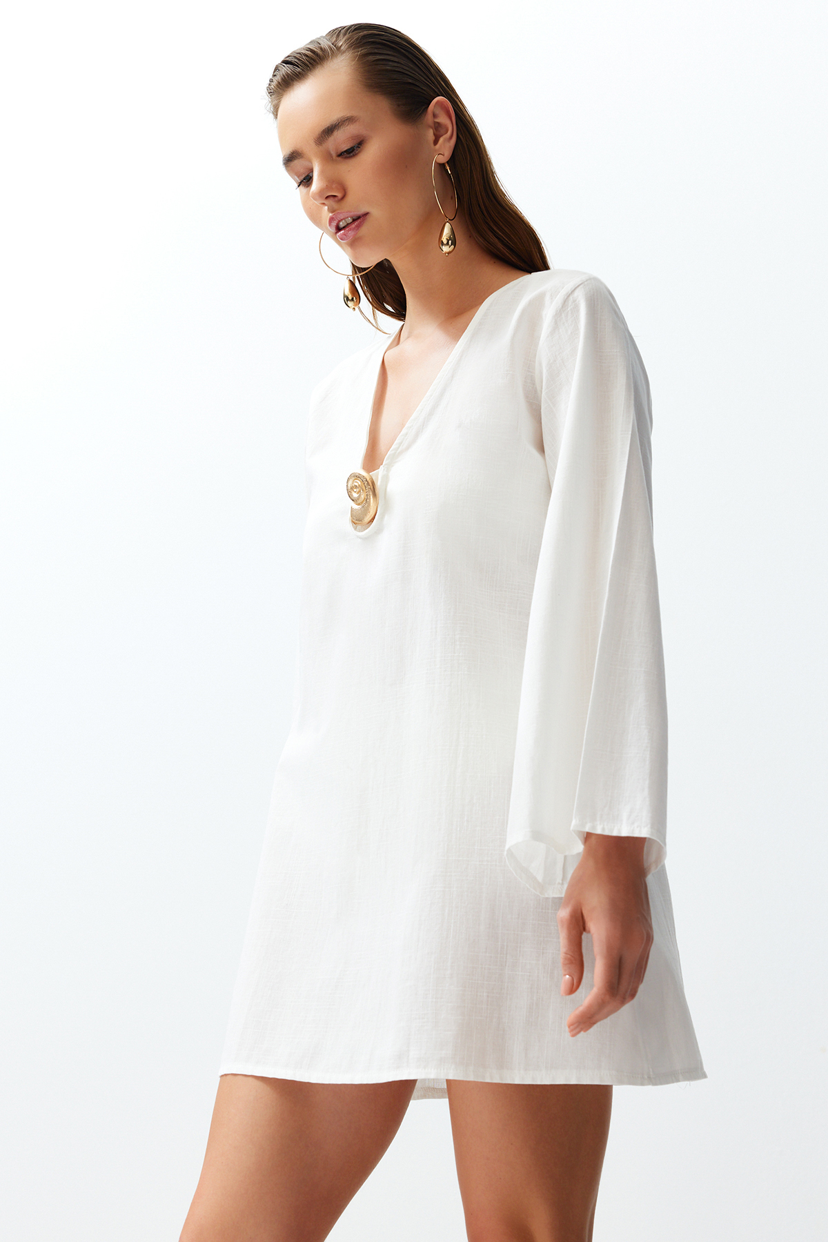 Levně Trendyol Bridal White Mini Woven Accessory 100% Cotton Beach Dress
