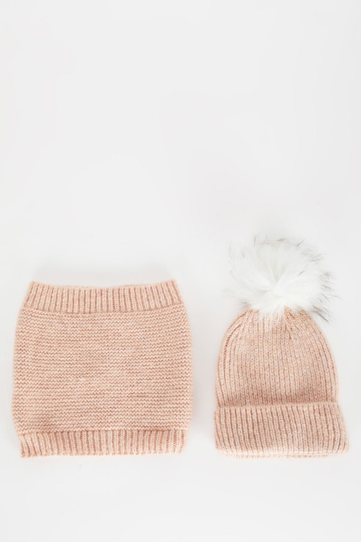 DEFACTO Girl's Neck Collar Pompom Beanie 2-Piece Set