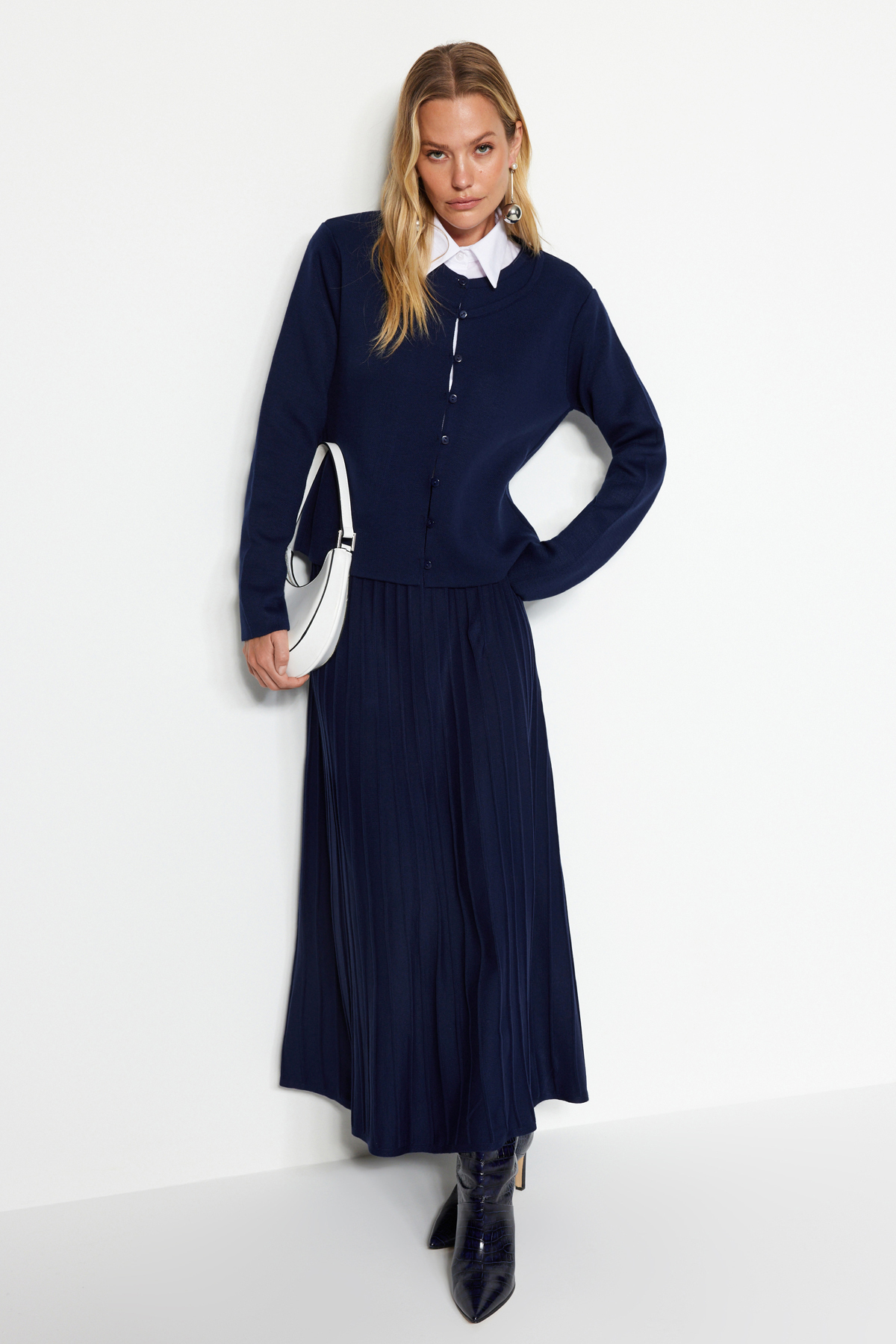 Trendyol Navy Blue Buttoned Cardigan-Skirt Knitwear Top and Bottom Set