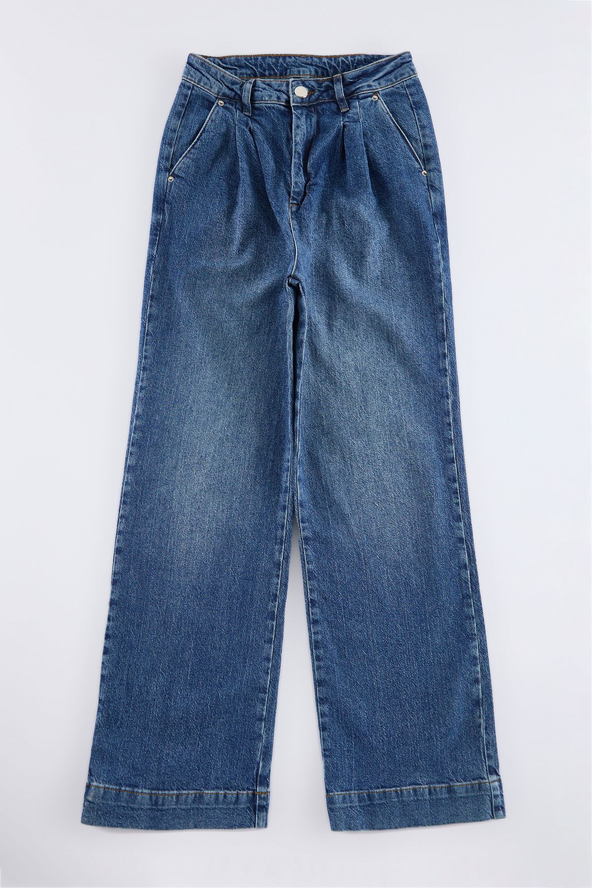 Trendyol Blue Pleated Comfort High Waist Wide Leg Jeans