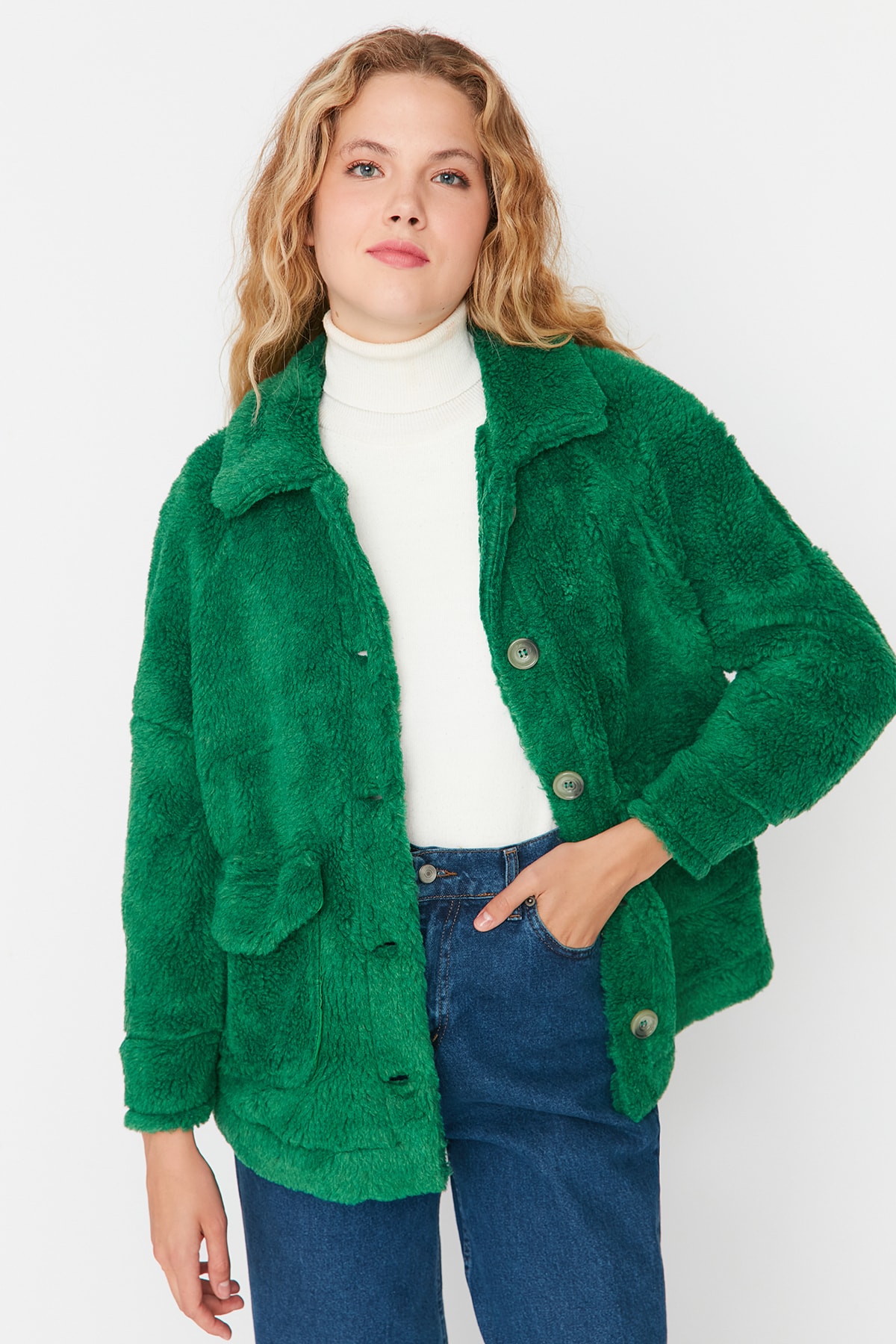 Levně Trendyol zelený nadměrný kapesní detailní plyšový kabát