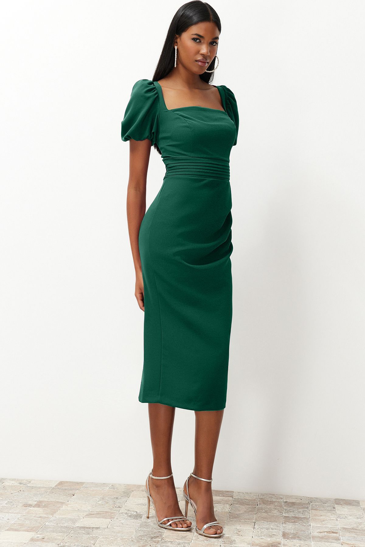 Trendyol Emerald Green Waist Detailed Fitted Woven Dress