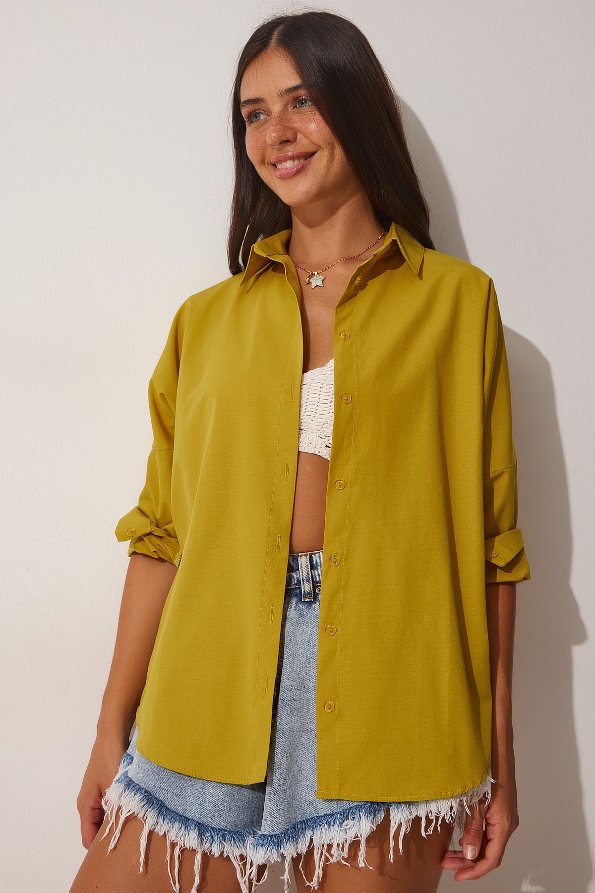 Levně Happiness İstanbul Women's Oil Green Oversized Basic Poplin Shirt