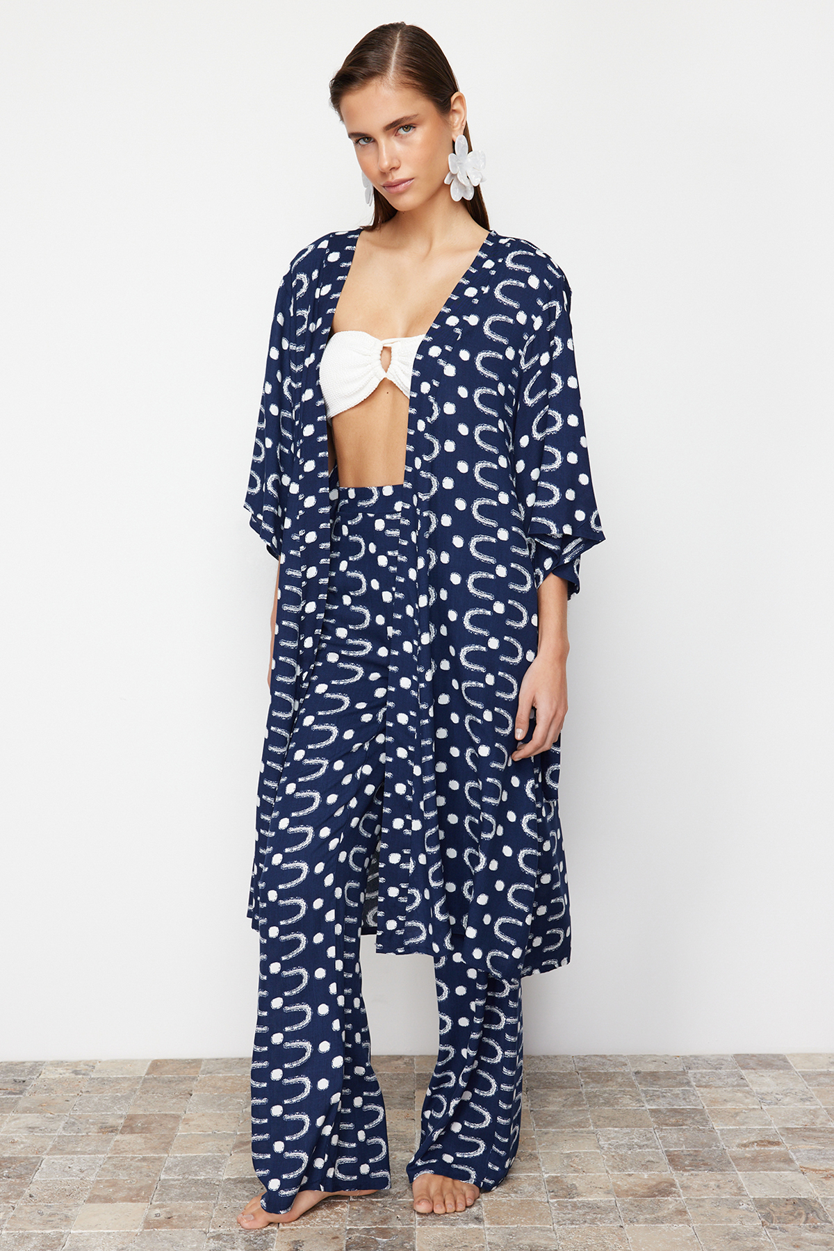Trendyol Geometric Patterned Belted Midi Woven Kimono & Kaftan