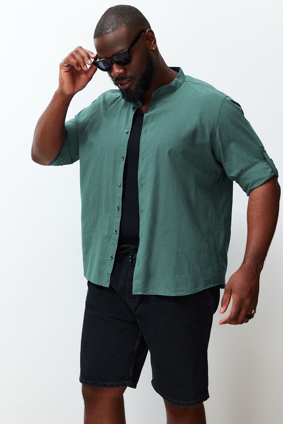 Trendyol Dark Green Regular Fit Comfortable Collar Basic Plus Size Shirt