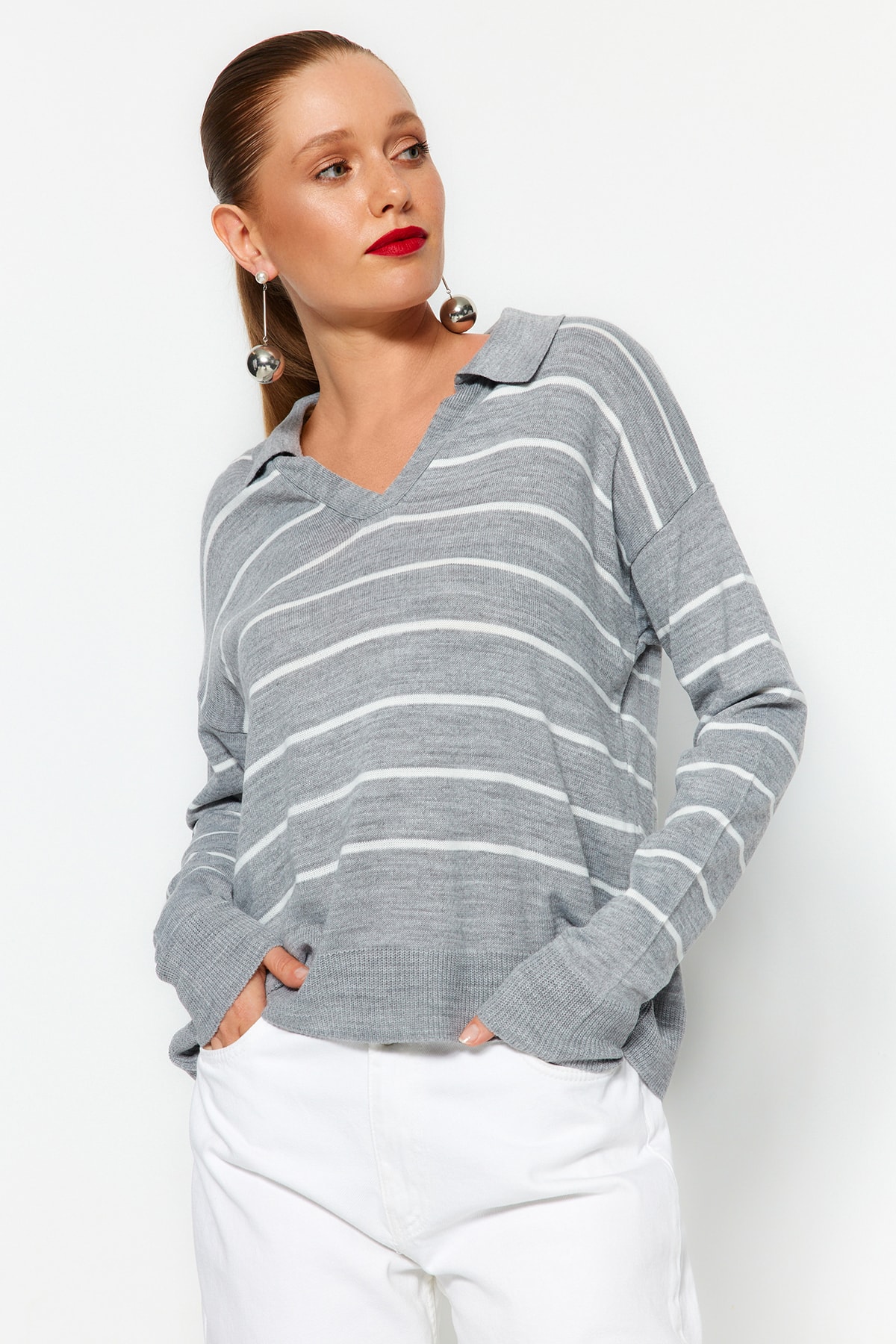 Trendyol Gray Striped Knitwear Sweater